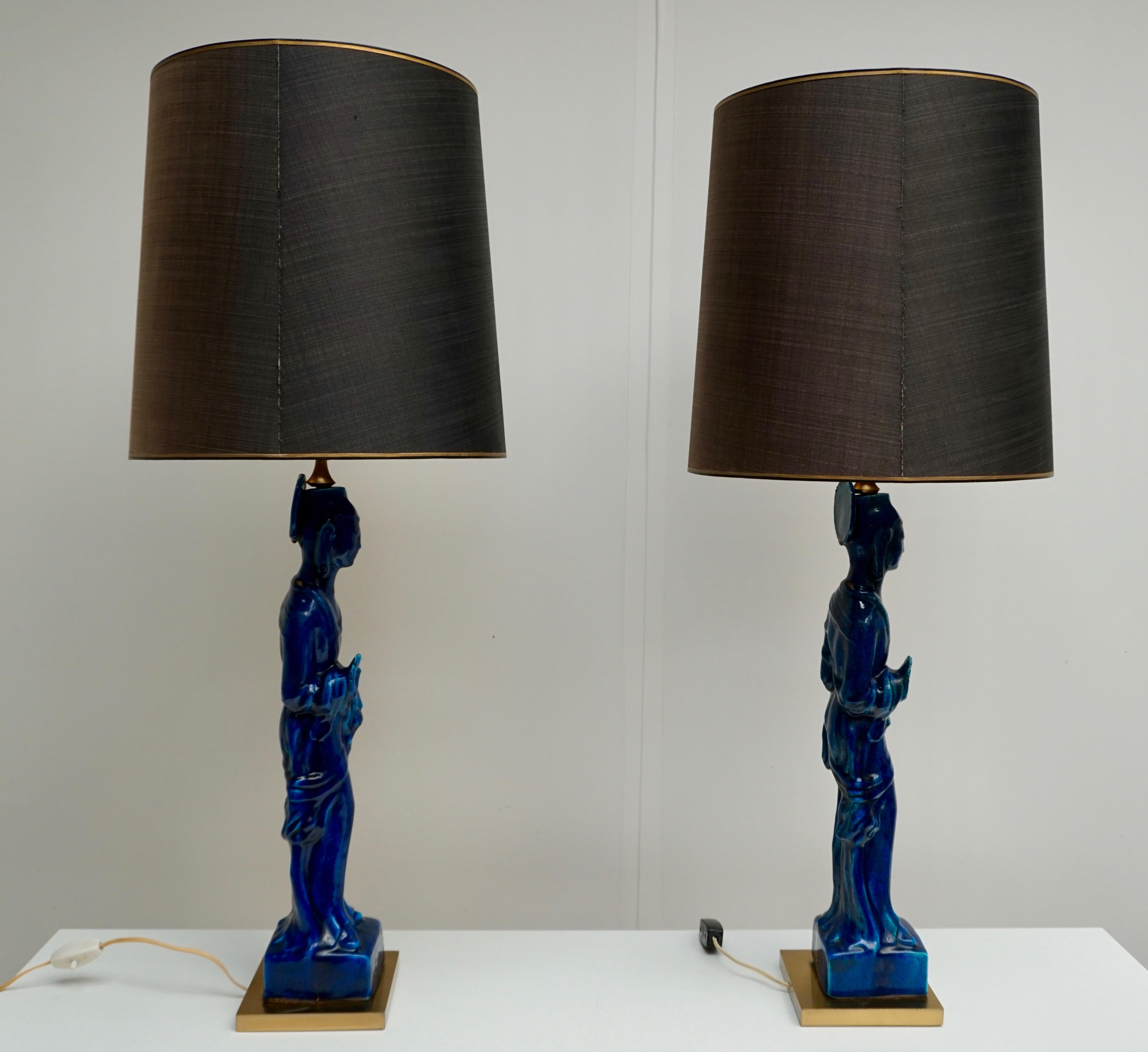 Pair of Hollywood Regency Standing Buddha Ceramic Table Lamps by Ugo Zaccagnini For Sale 2