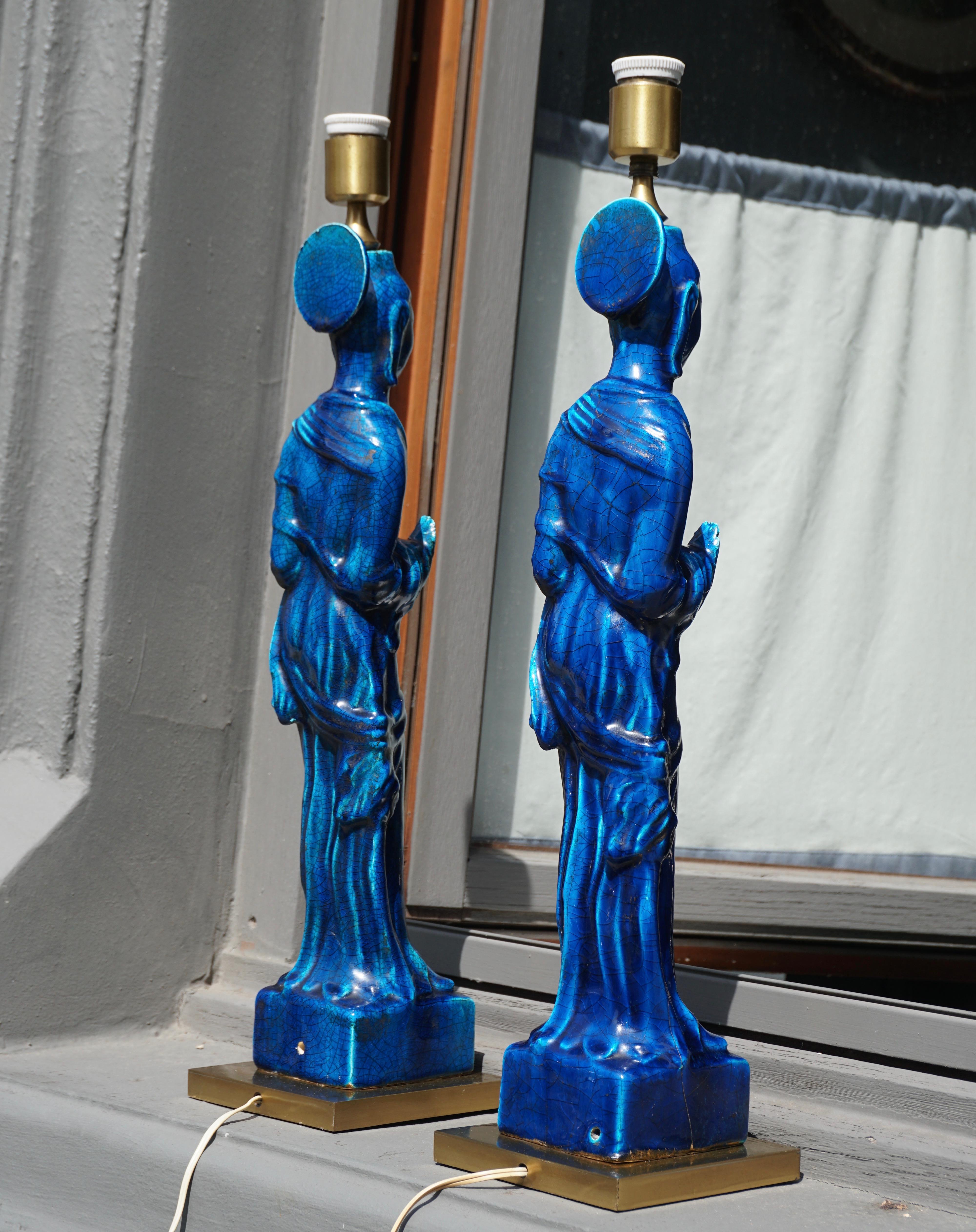 Pair of Hollywood Regency Standing Buddha Ceramic Table Lamps by Ugo Zaccagnini For Sale 4