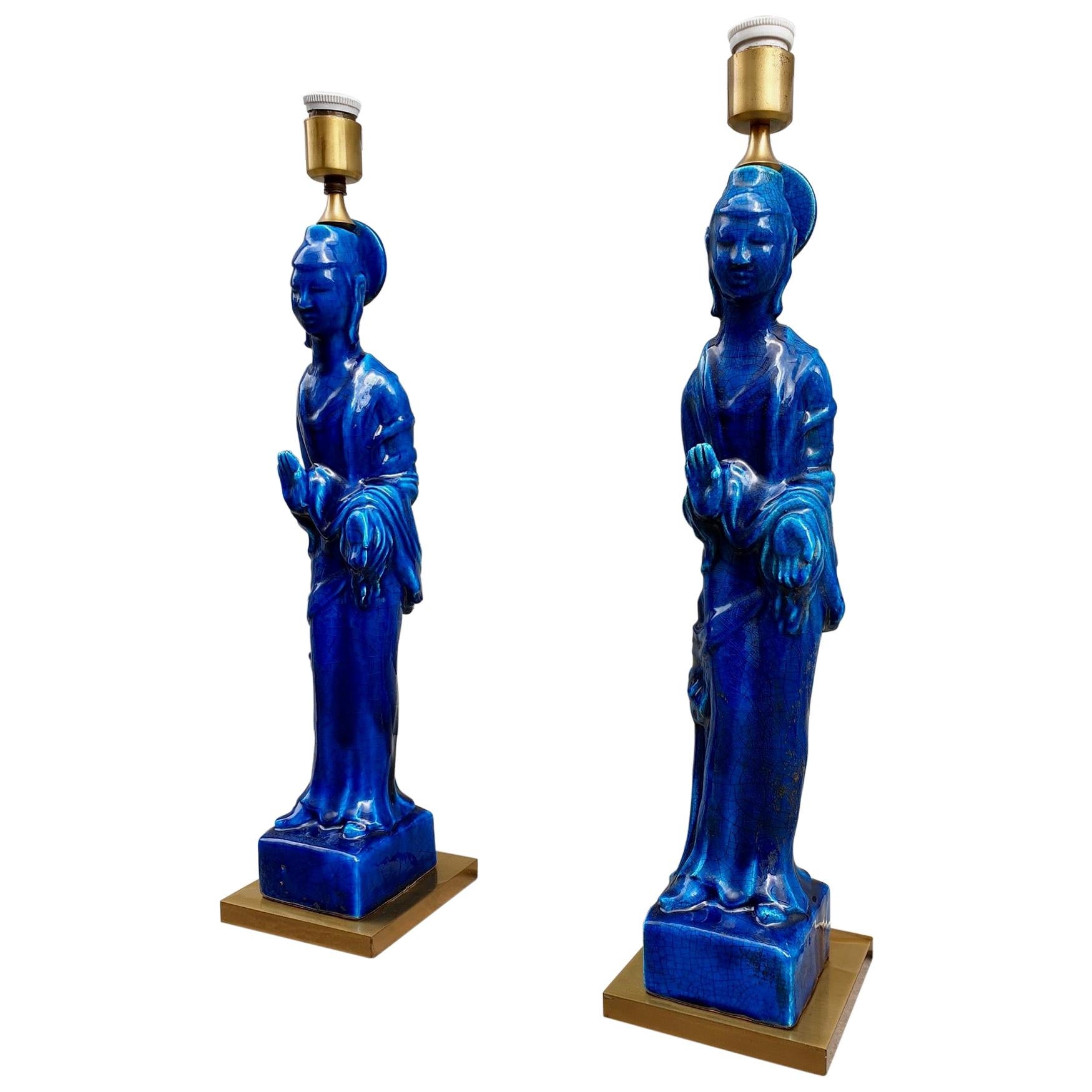 Pair of Hollywood Regency Standing Buddha Ceramic Table Lamps by Ugo Zaccagnini For Sale