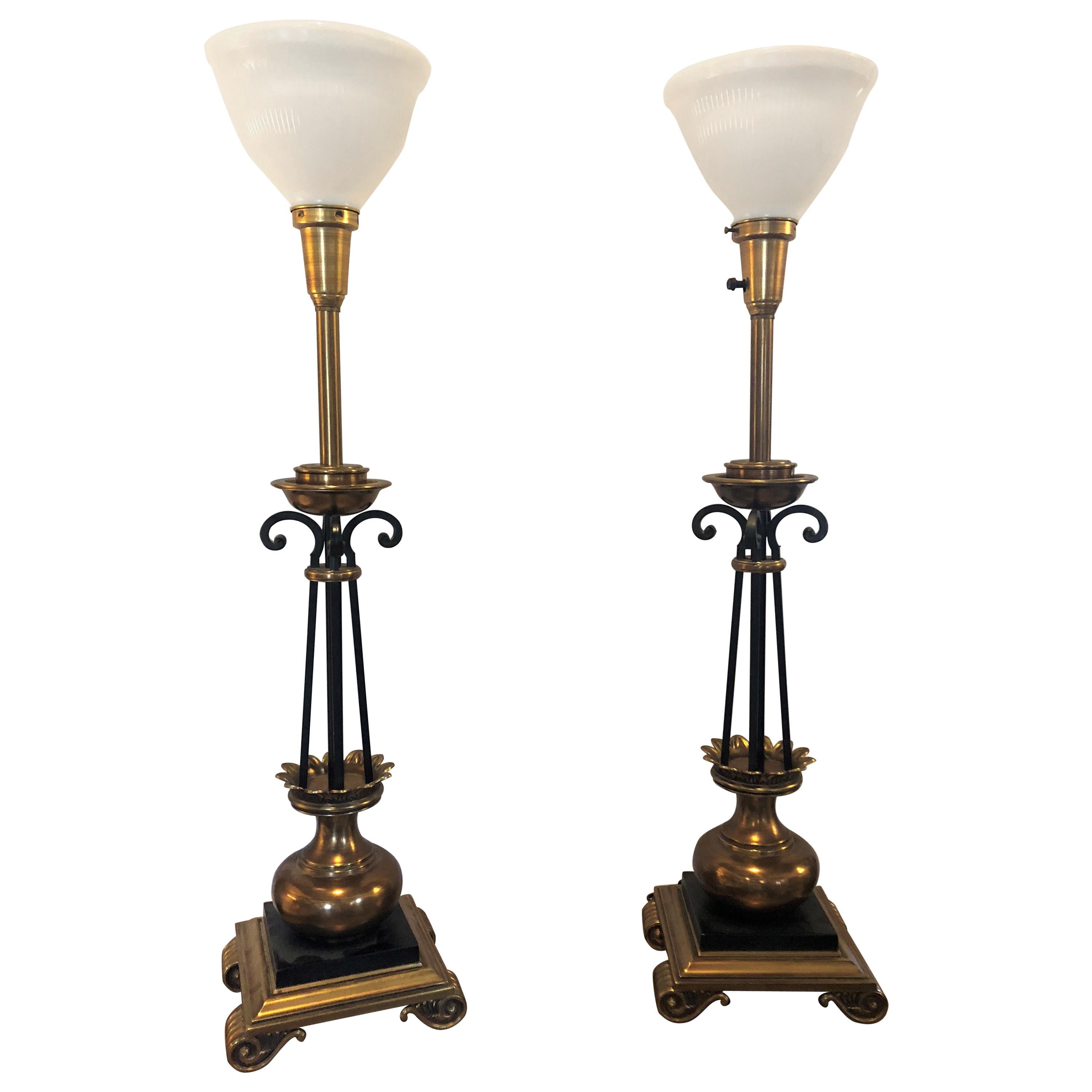 Pair of Hollywood Regency Stiffel Co. Brass and Ebonized Column Form Table Lamp For Sale