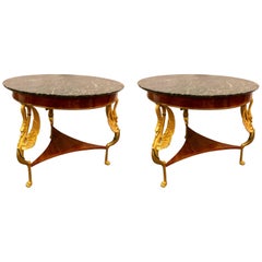 Vintage Pair of Hollywood Regency Style 19th-20th Century Marble-Top Gilt Swan Tables