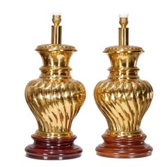 Pair of Hollywood Regency Style Brass Ginger Jar Lamps on Wood Bases