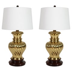 Pareja de Lámparas de Jengibre de Latón Estilo Hollywood Regency sobre Bases de Madera