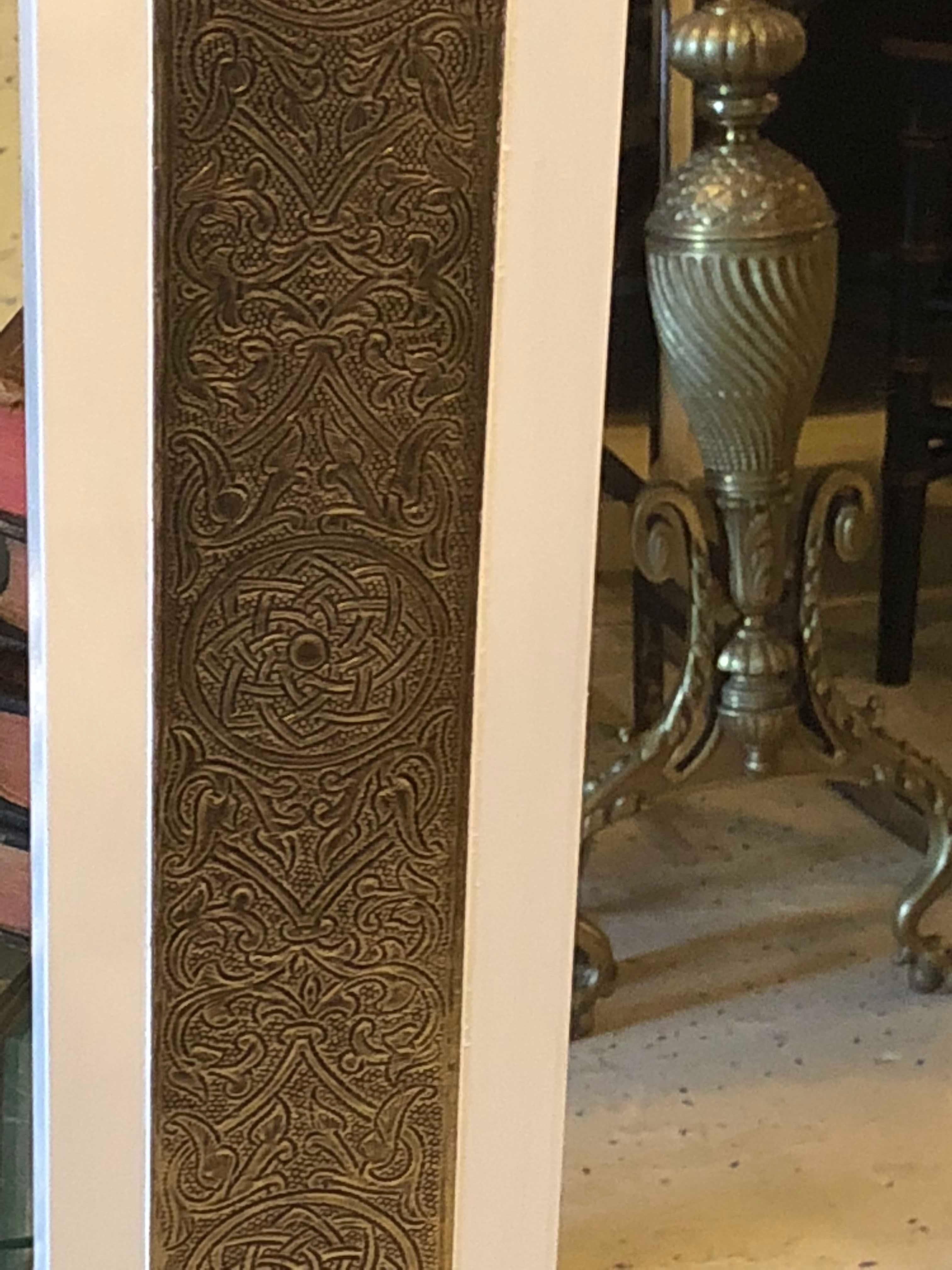 Hollywood Regency Style Brass on Wood Frame in White Large Wall Mirror, a Pair For Sale 3
