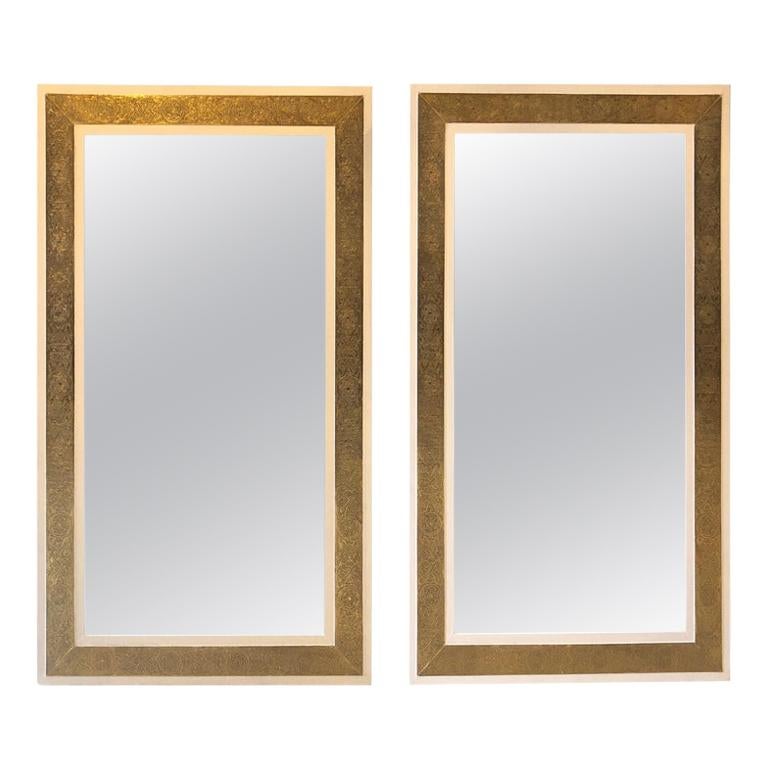 Pair of Hollywood Regency Style Brass on Wood Frame in White Large Wall Mirrors