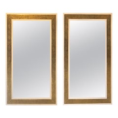 Hollywood Regency Style Brass on Wood Frame in White Large Wall Mirror, a Pair
