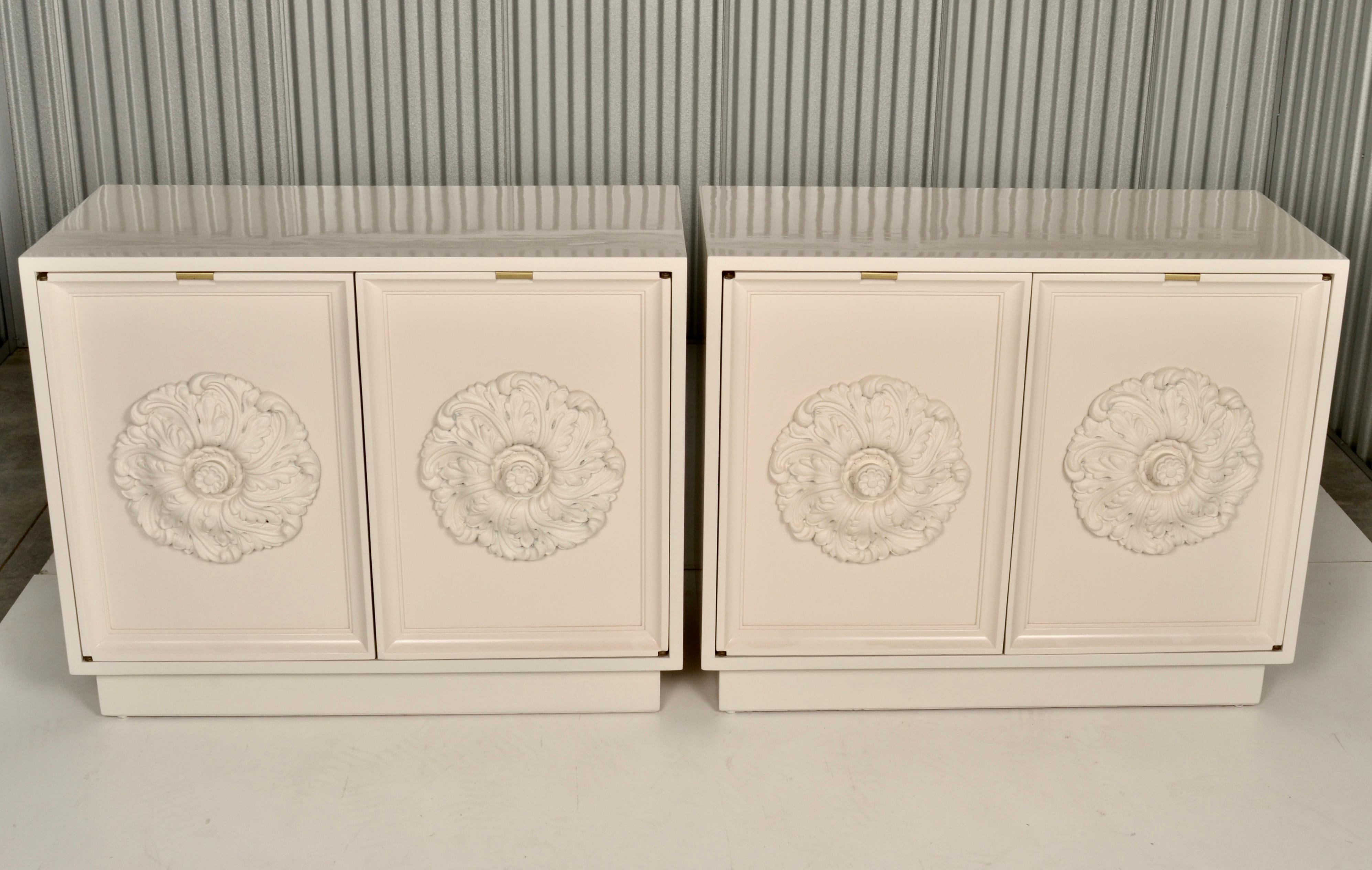 Glamorous cabinets from Lane Furniture, made in the 1960s and newly refreshed with White Dove lacquer. The body of the cabinets are a satin finish, and the applied medallions are a matte finish. They are in excellent condition.