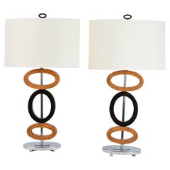 Retro Pair of Hollywood Regency Style Chrome and Wooden Table Lamps
