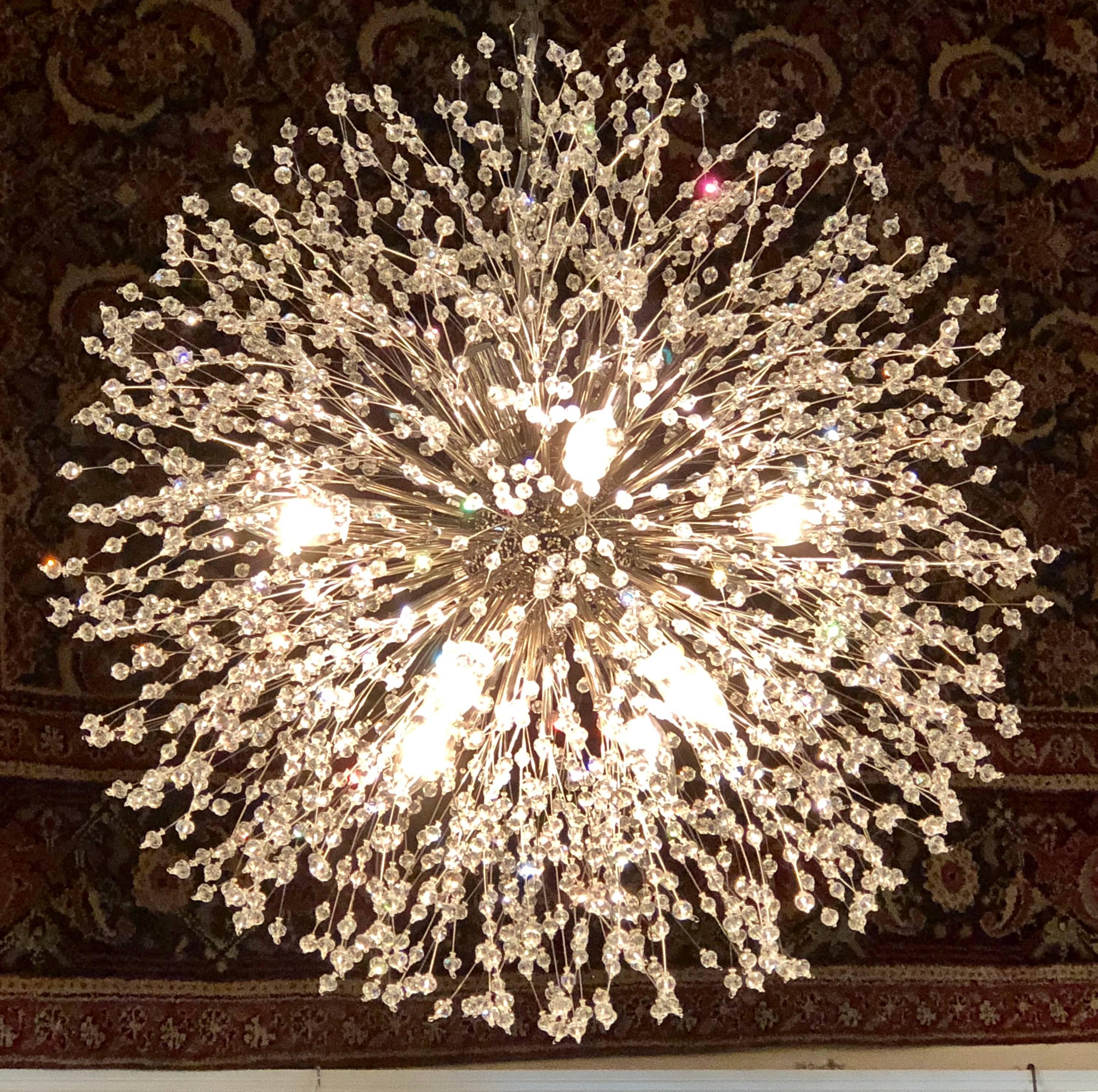 20th Century Pair of Hollywood Regency Style Circular Chrome and Crystal Sputnik Chandeliers