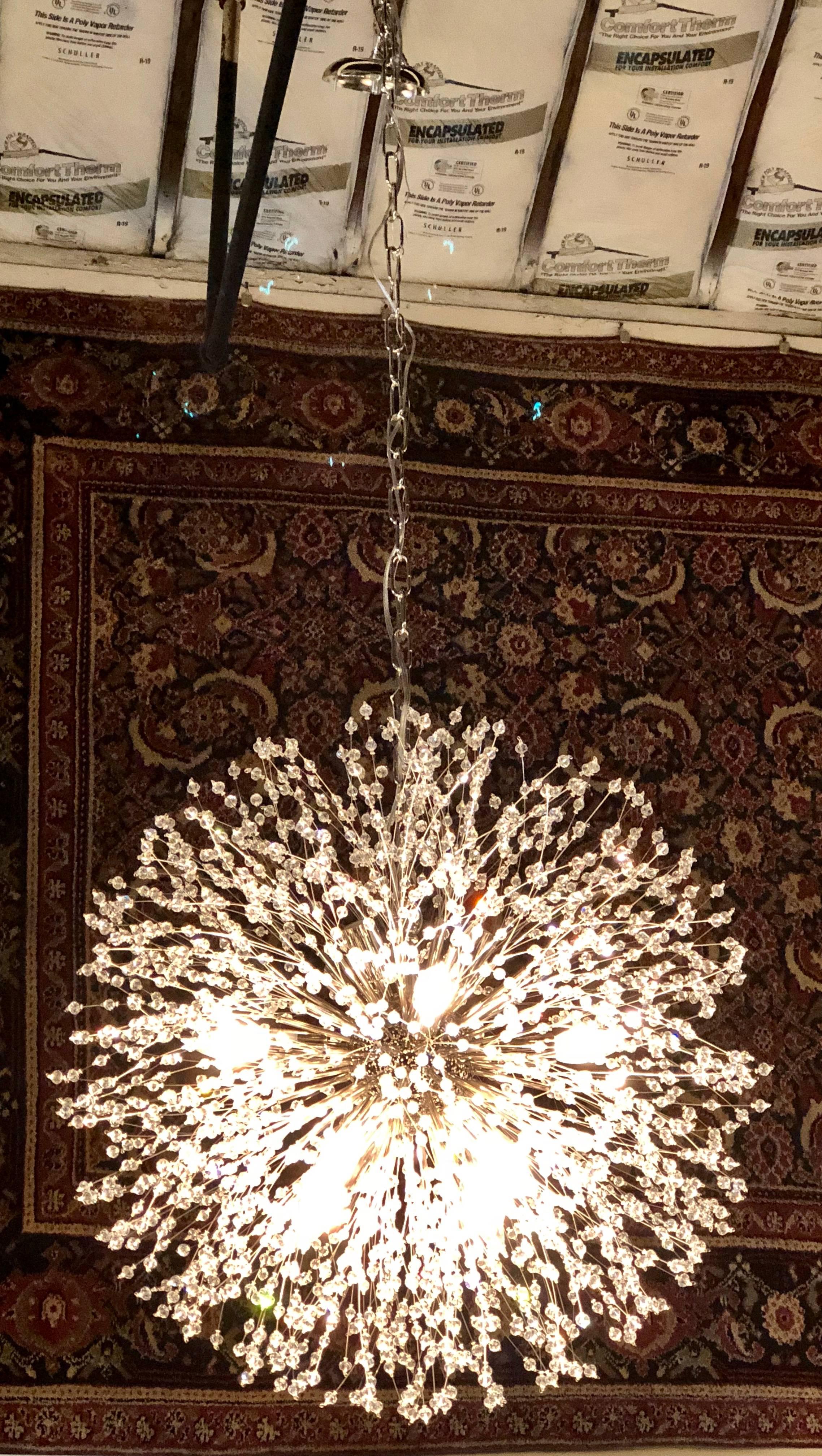Pair of Hollywood Regency Style Circular Chrome and Crystal Sputnik Chandeliers 1