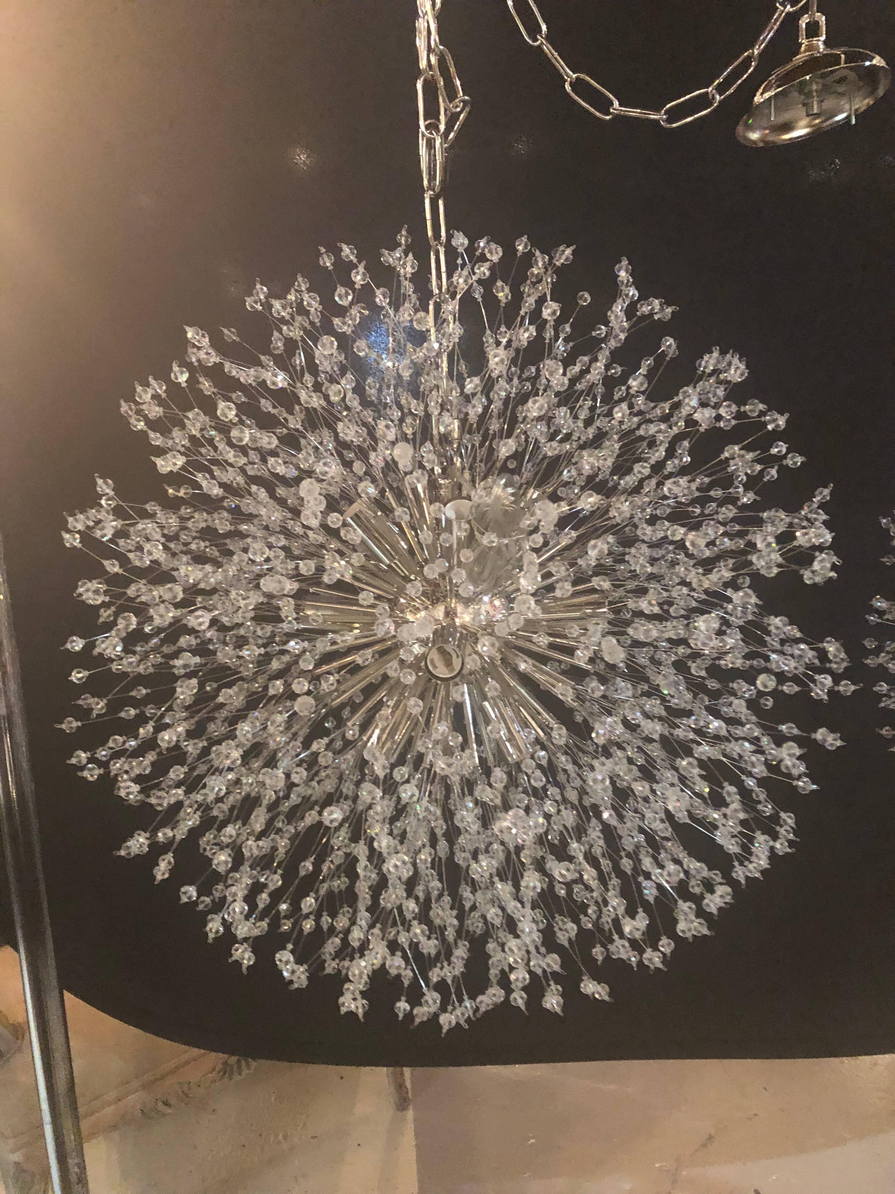 Pair of Hollywood Regency Style Circular Chrome and Crystal Sputnik Chandeliers 2