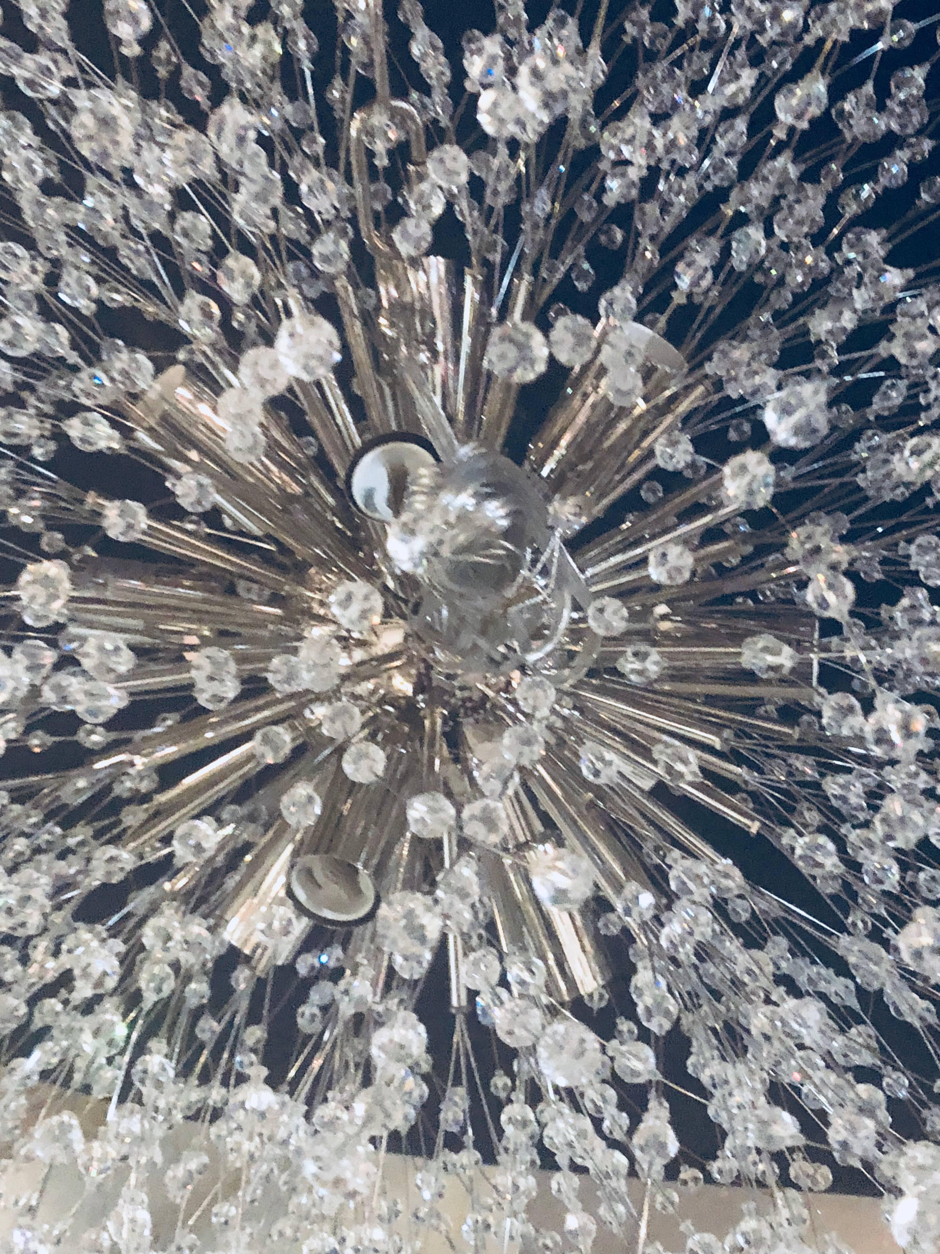 Pair of Hollywood Regency Style Circular Chrome and Crystal Sputnik Chandeliers 3