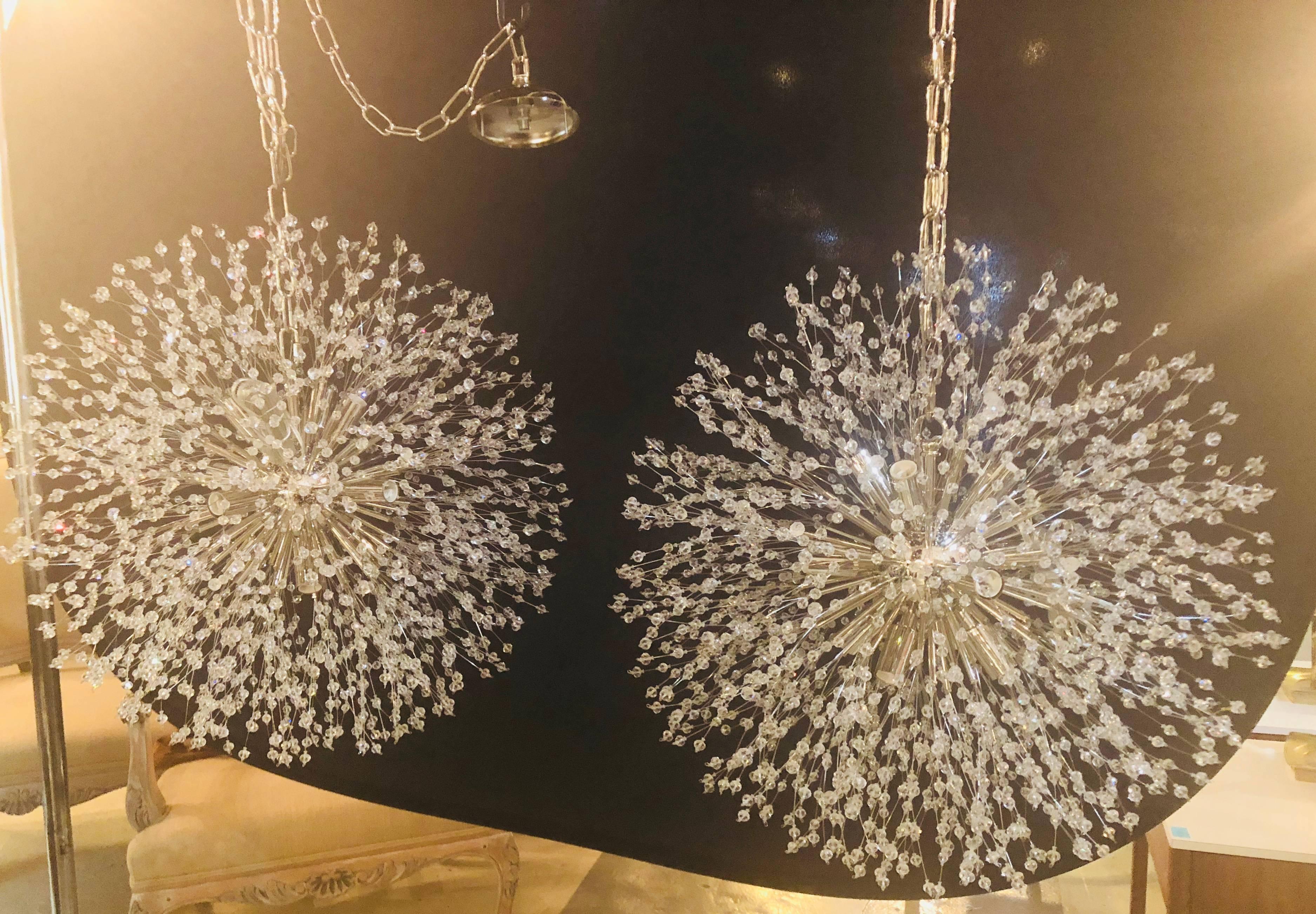 Pair of Hollywood Regency Style Circular Chrome and Crystal Sputnik Chandeliers 4