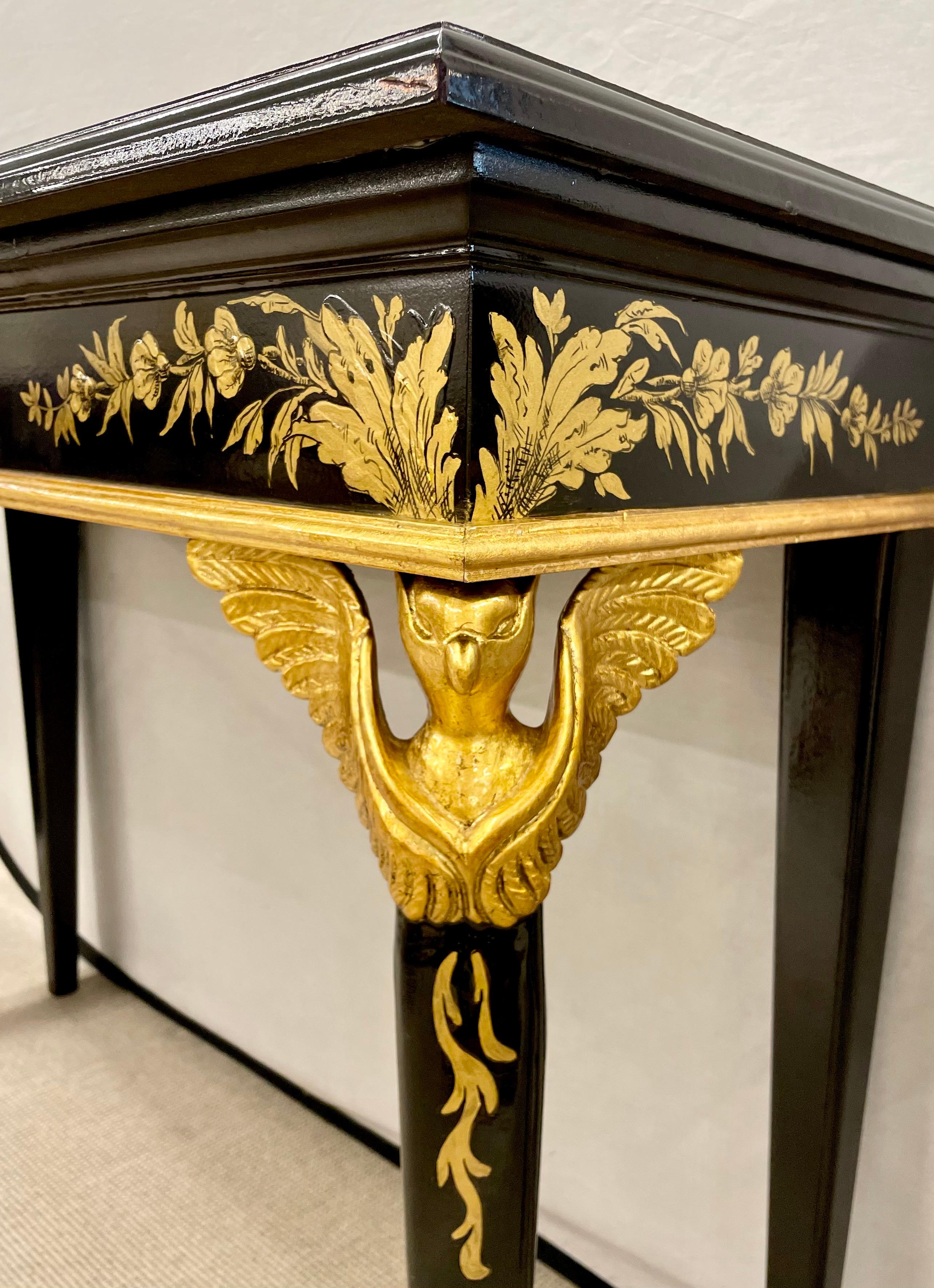 Pair of Hollywood Regency Style Console Sofa Tables Ebony and Gilt Decorated 4