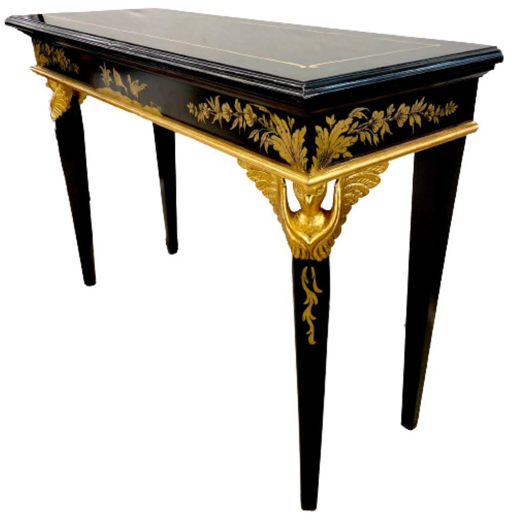 Pair of Hollywood Regency Style Console Sofa Tables Ebony and Gilt Decorated 5