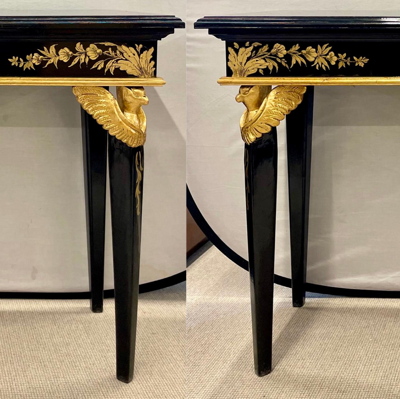 Pair of Hollywood Regency Style Console Sofa Tables Ebony and Gilt Decorated 7