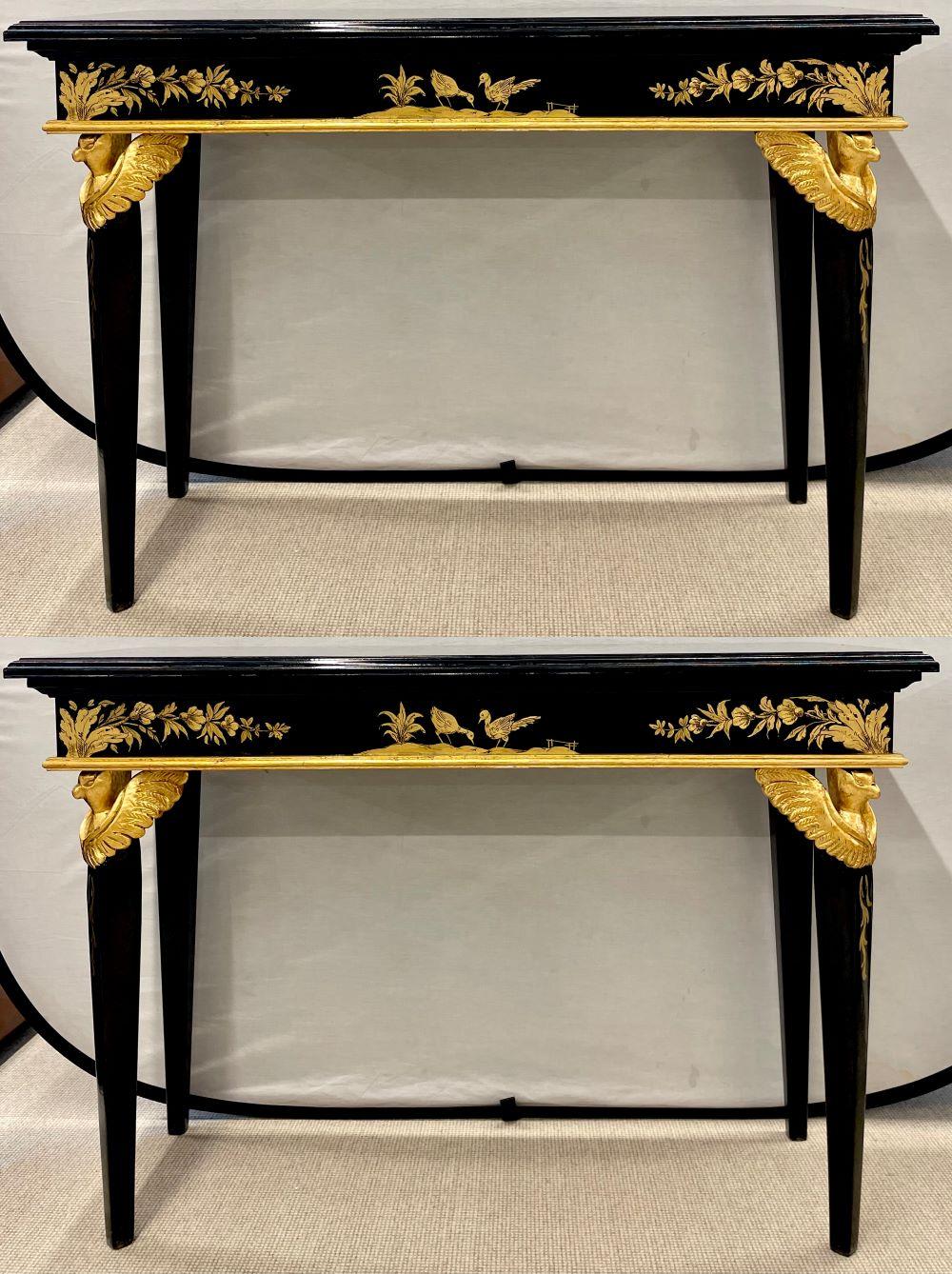 Neoclassical Pair of Hollywood Regency Style Console Sofa Tables Ebony and Gilt Decorated