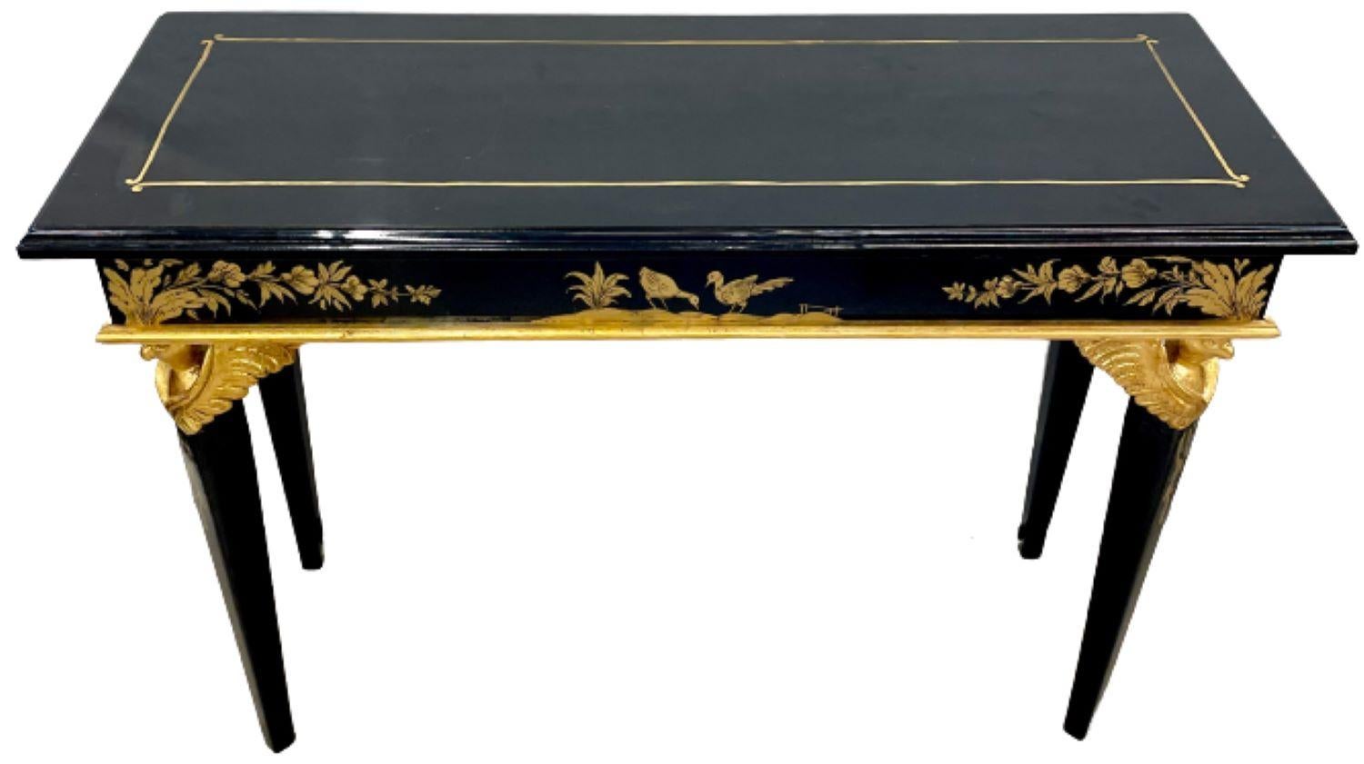 Pair of Hollywood Regency Style Console Sofa Tables Ebony and Gilt Decorated In Good Condition In Stamford, CT