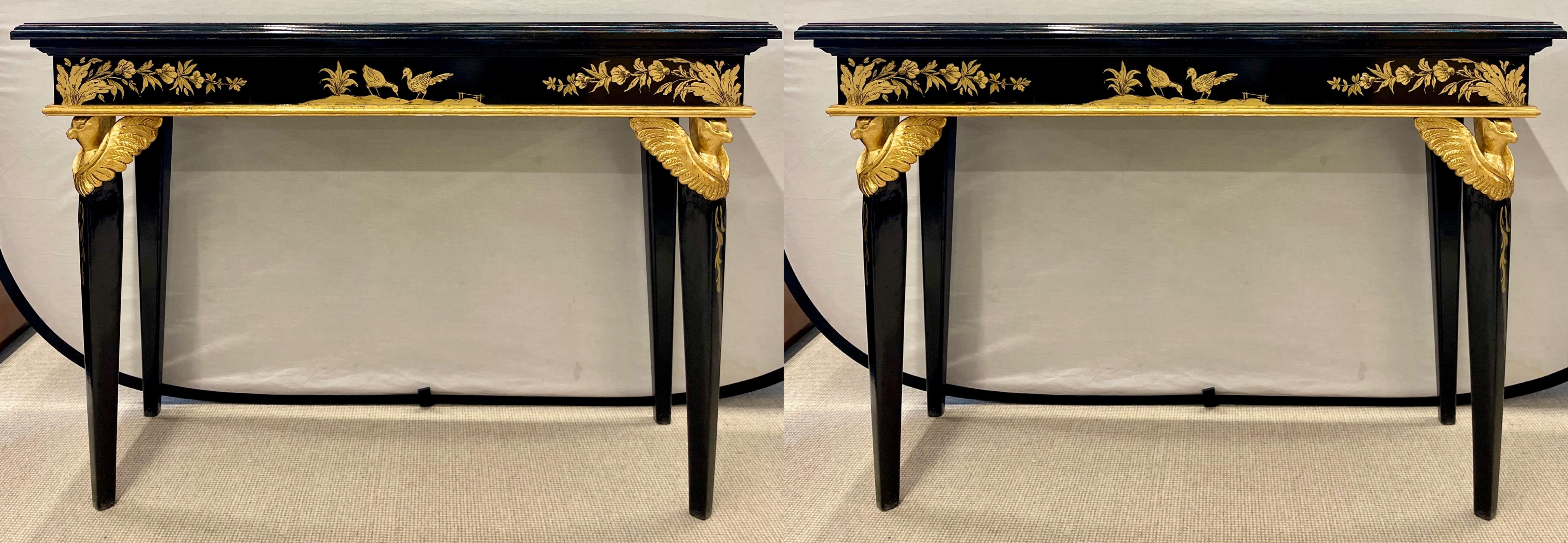 20th Century Pair of Hollywood Regency Style Console Sofa Tables Ebony and Gilt Decorated