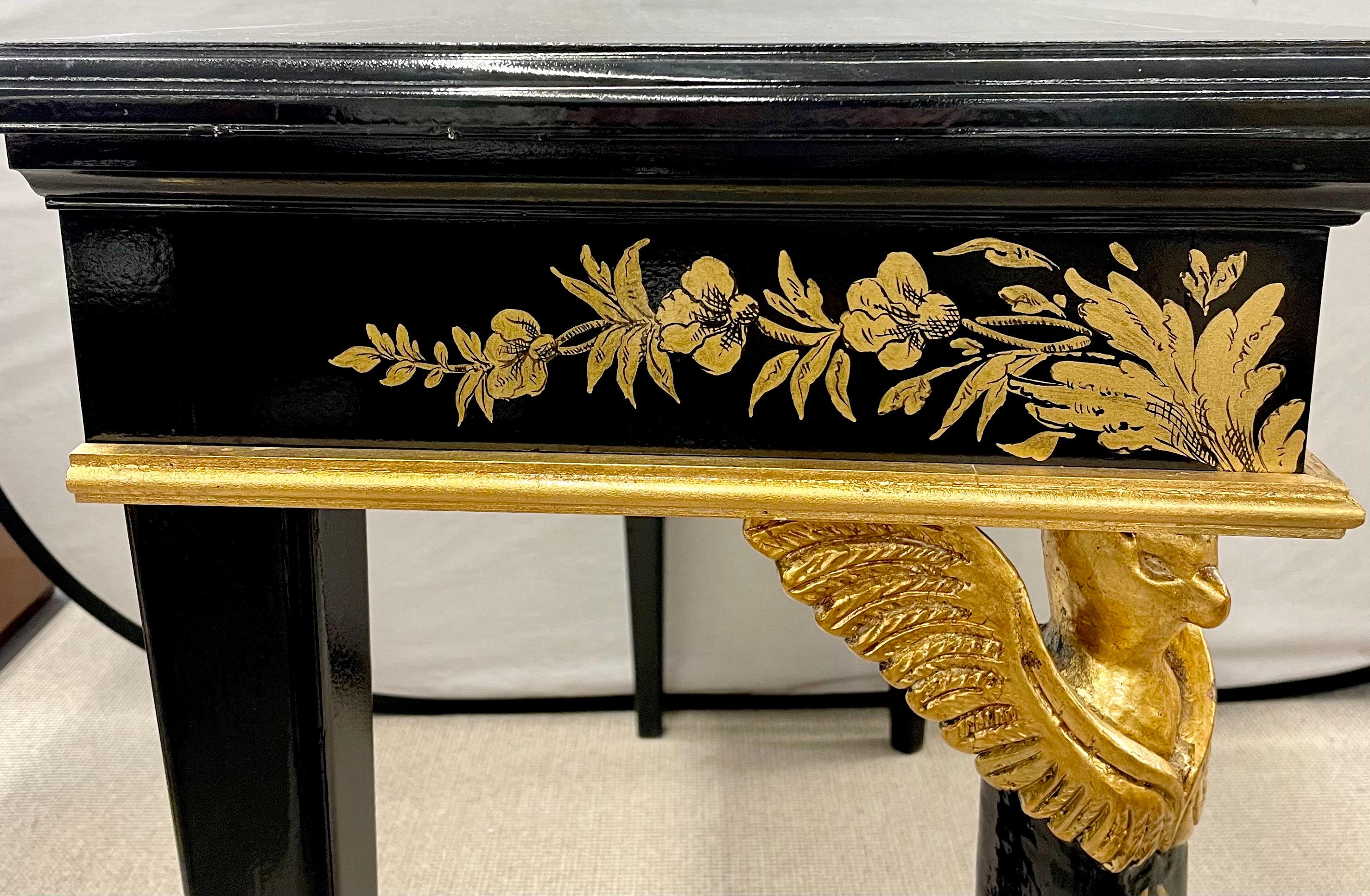 Pair of Hollywood Regency Style Console Sofa Tables Ebony and Gilt Decorated 2