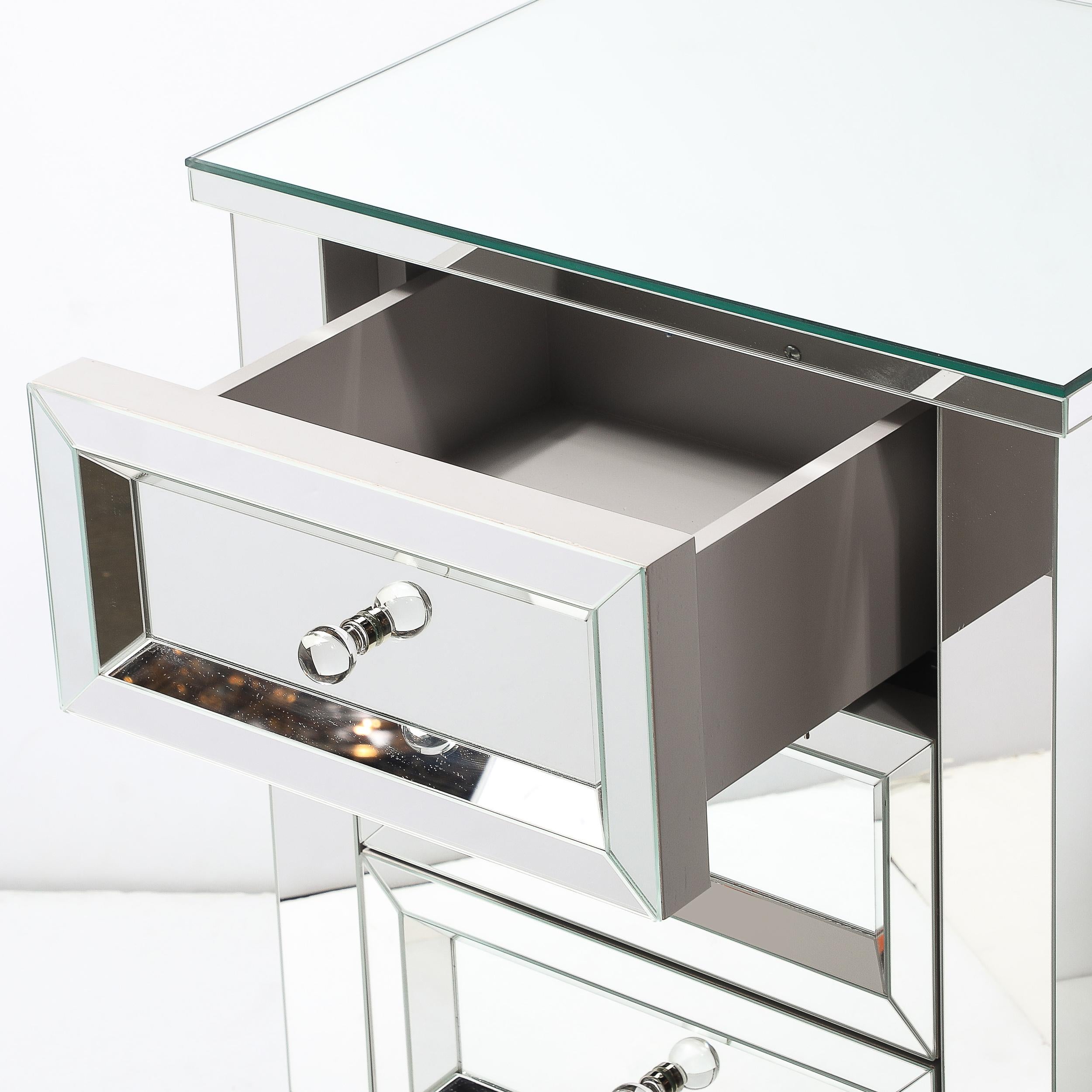 Pair of Hollywood Regency Style Custom Mirrored Nightstands with Three Drawers In Excellent Condition For Sale In New York, NY