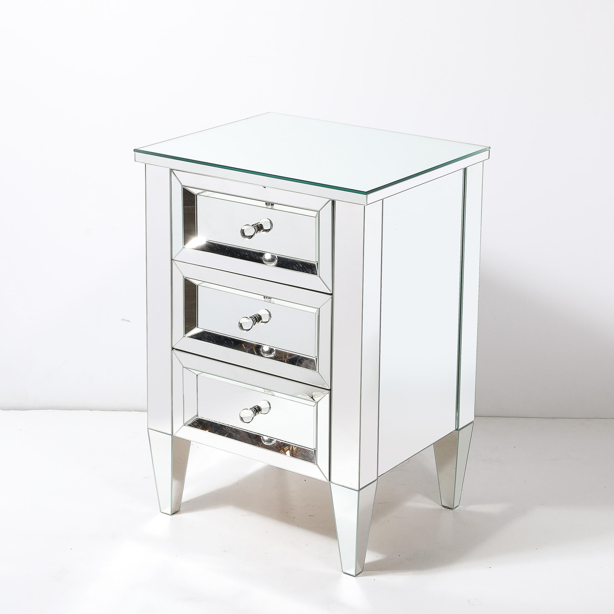 Pair of Hollywood Regency Style Custom Mirrored Nightstands with Three Drawers For Sale 1
