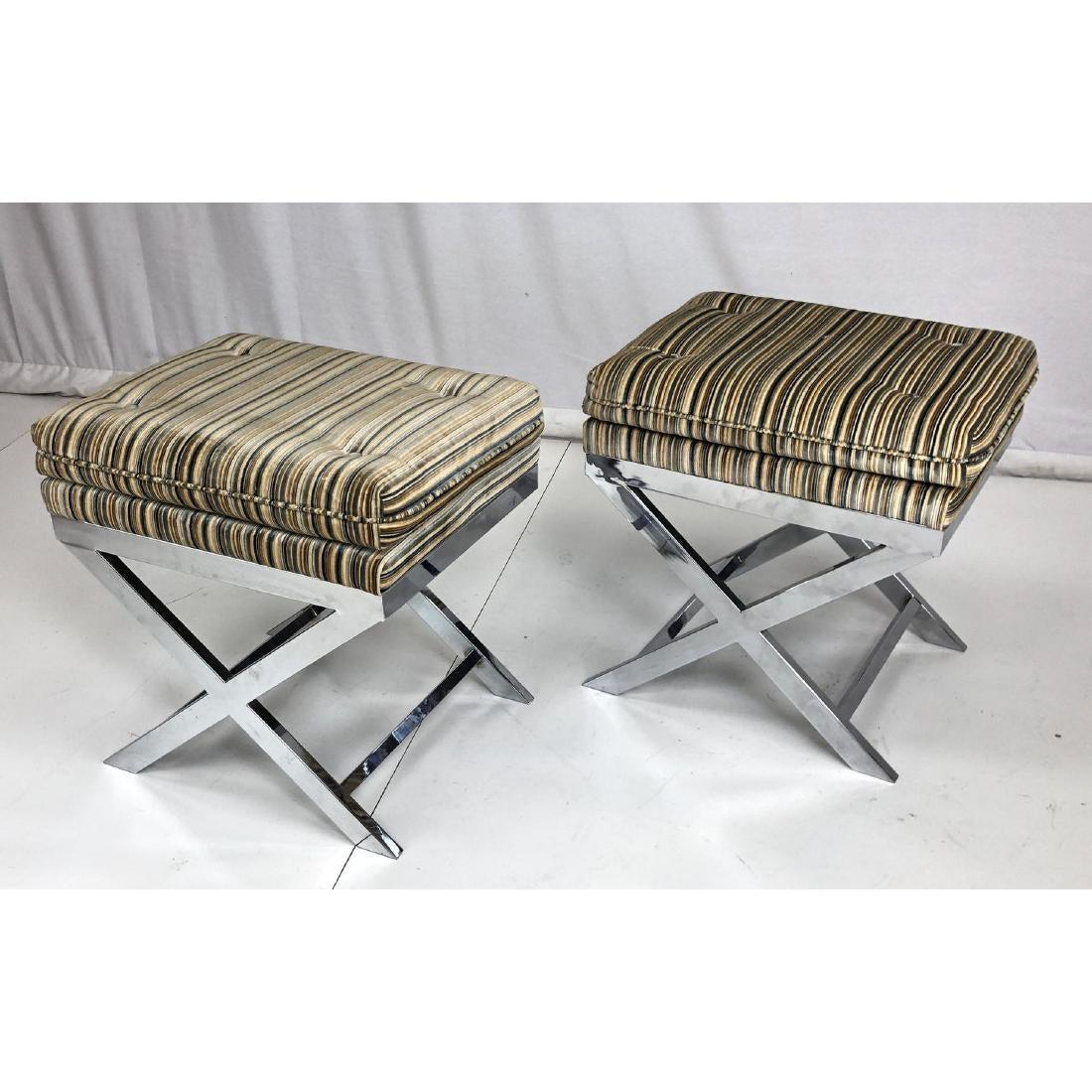 Pair of Paul Evans style Hollywood Regency style decorator chrome based X form stools or benches each in a new stripped upholstery.