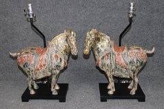 Pair of Hollywood Regency Style Distressed Paint Decorated Horse Table Lamps