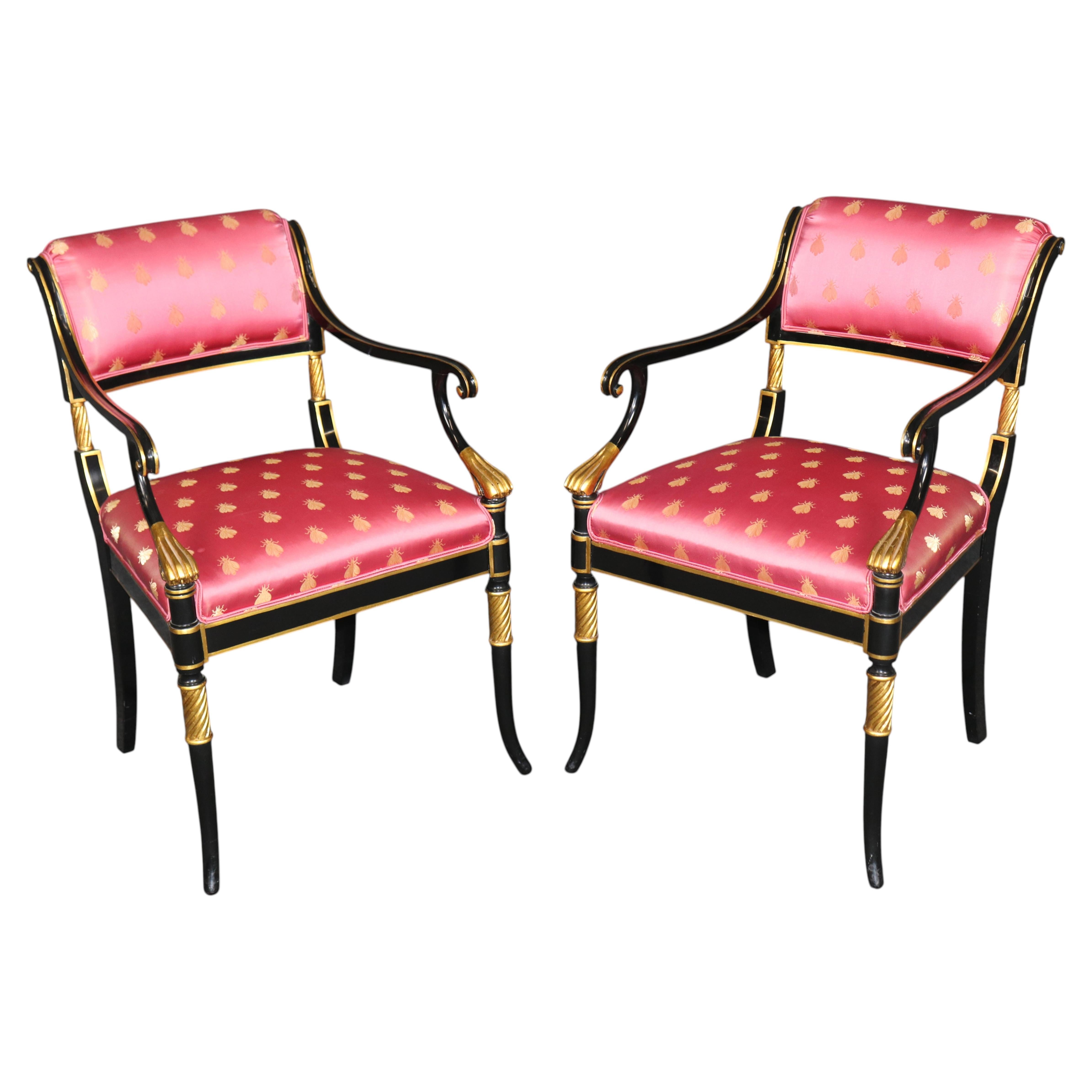 Pair of Hollywood Regency Style Ebonized & Gilt Armchairs By Karges