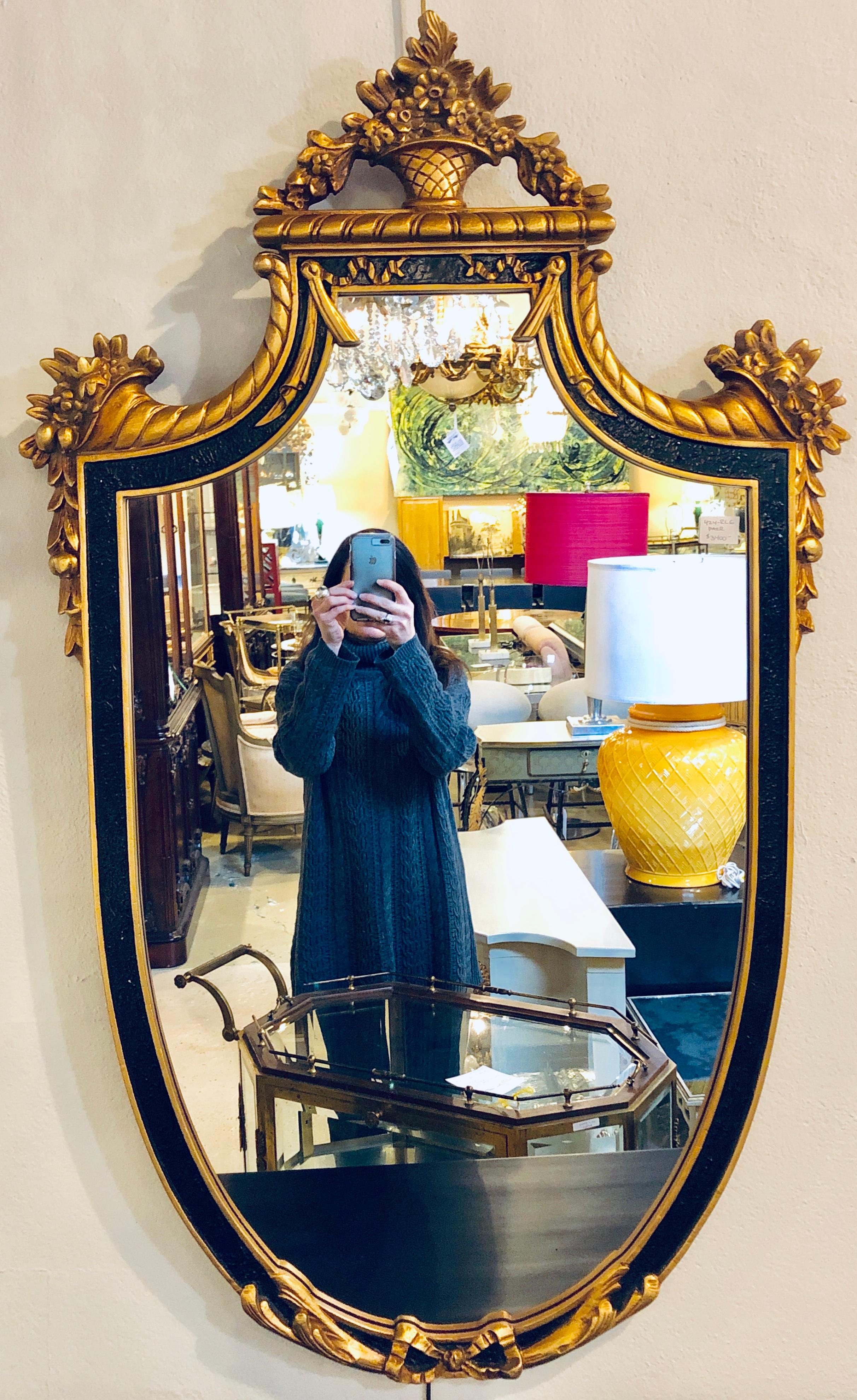 Pair of Hollywood Regency Style Ebony and Gilt Wood Wall or Console Mirrors 2