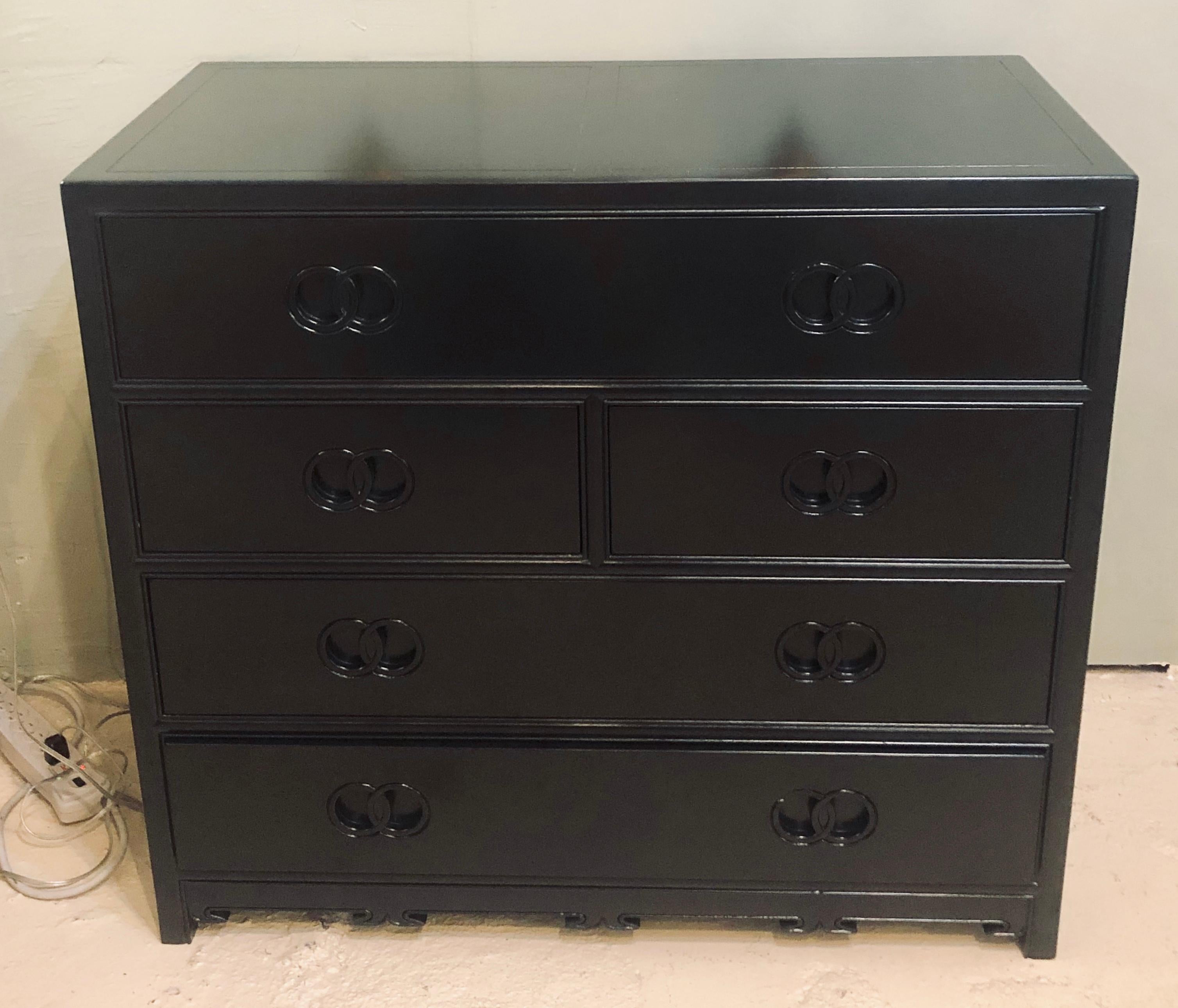 Pair of Hollywood Regency Style Ebony Michael Taylor Designed Chests for Baker 1