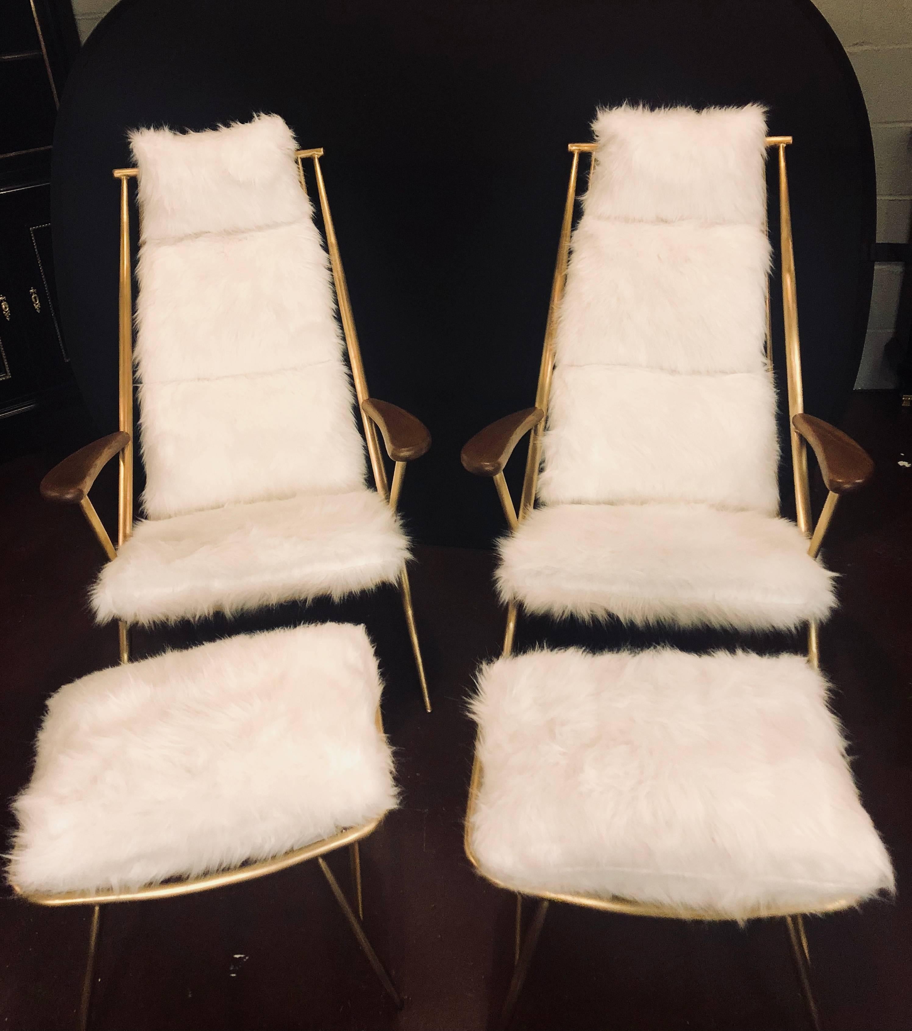 Hollywood Regency Style, Lounge Chairs, Ottomans, White, Shearling, Metal, 1990s For Sale 4