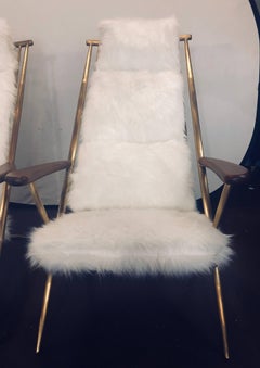 Hollywood Regency Style, Lounge Chairs, Ottomans, White, Shearling, Metal, 1990s
