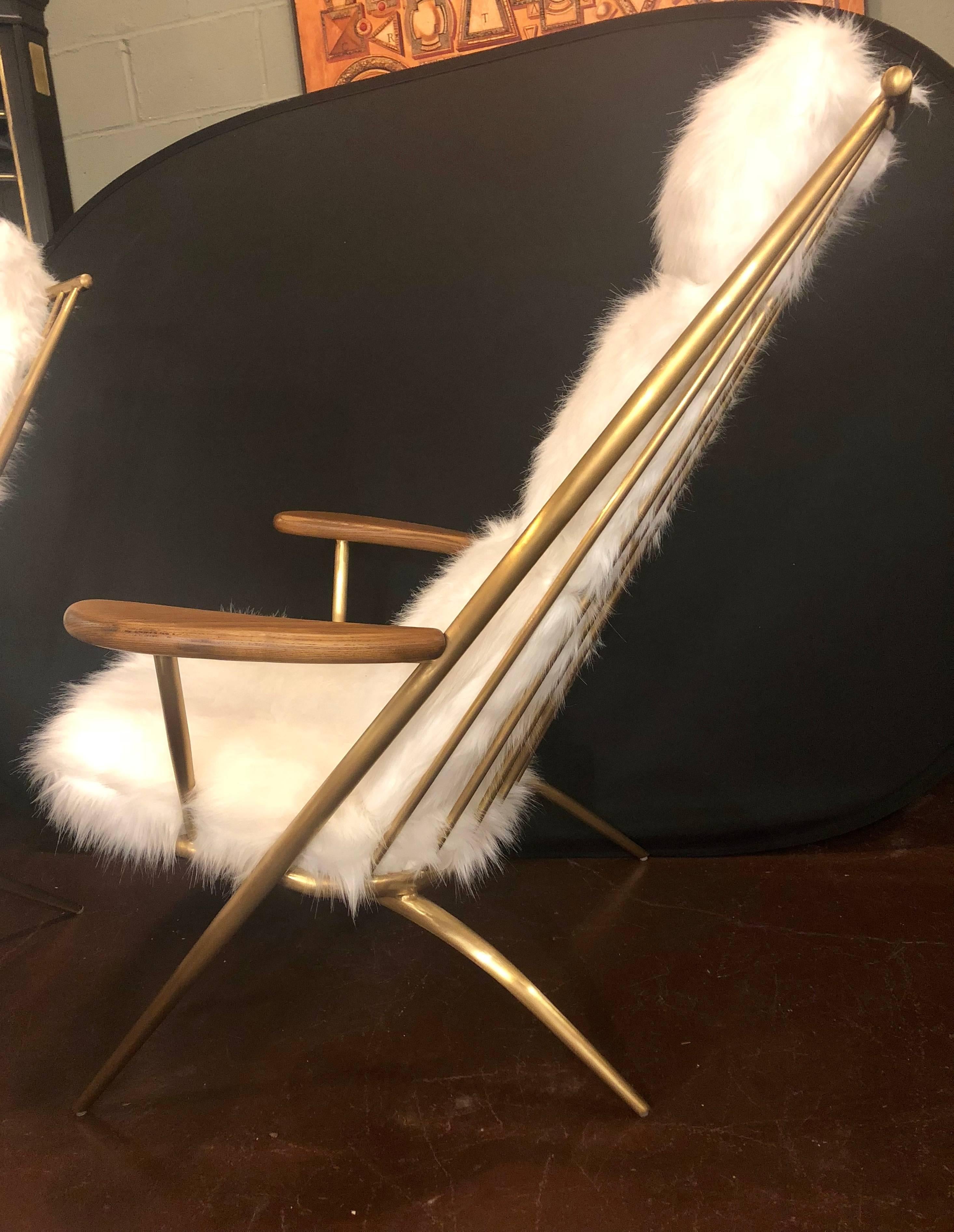 Hollywood Regency Style, Lounge Chairs, Ottomans, White, Shearling, Metal, 1990s In Good Condition For Sale In Manhasset, NY