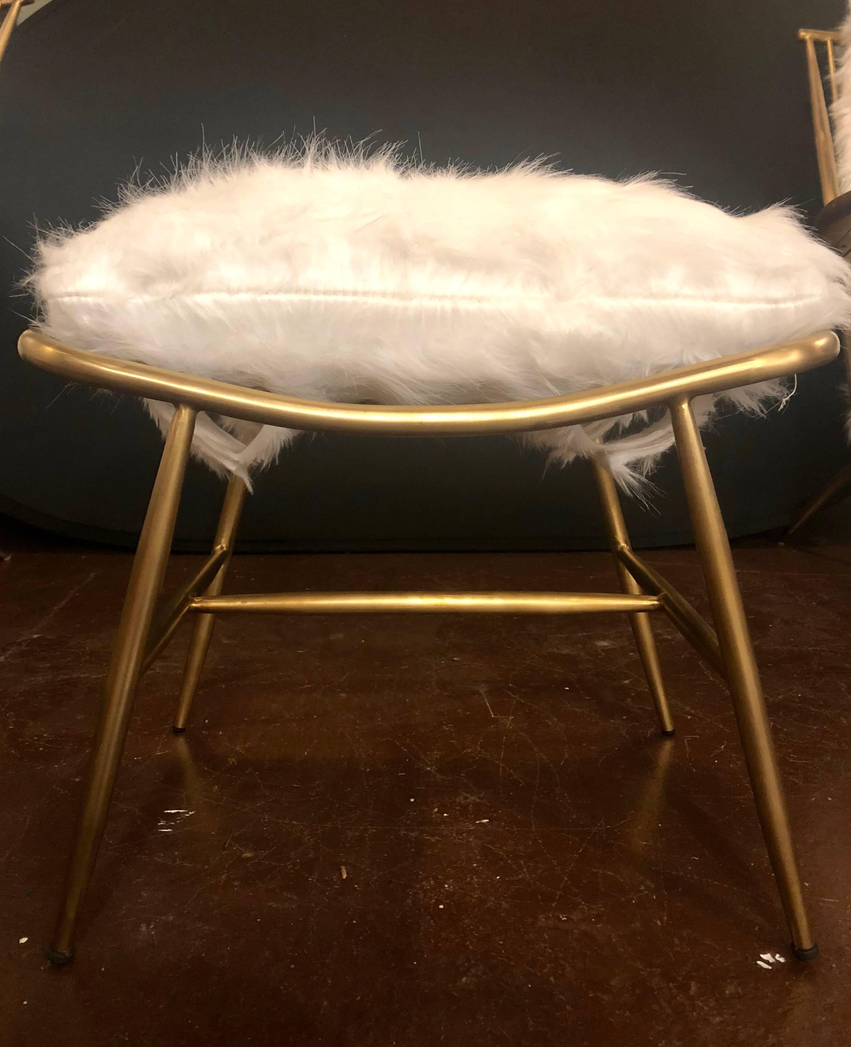 Faux Fur Hollywood Regency Style, Lounge Chairs, Ottomans, White, Shearling, Metal, 1990s For Sale