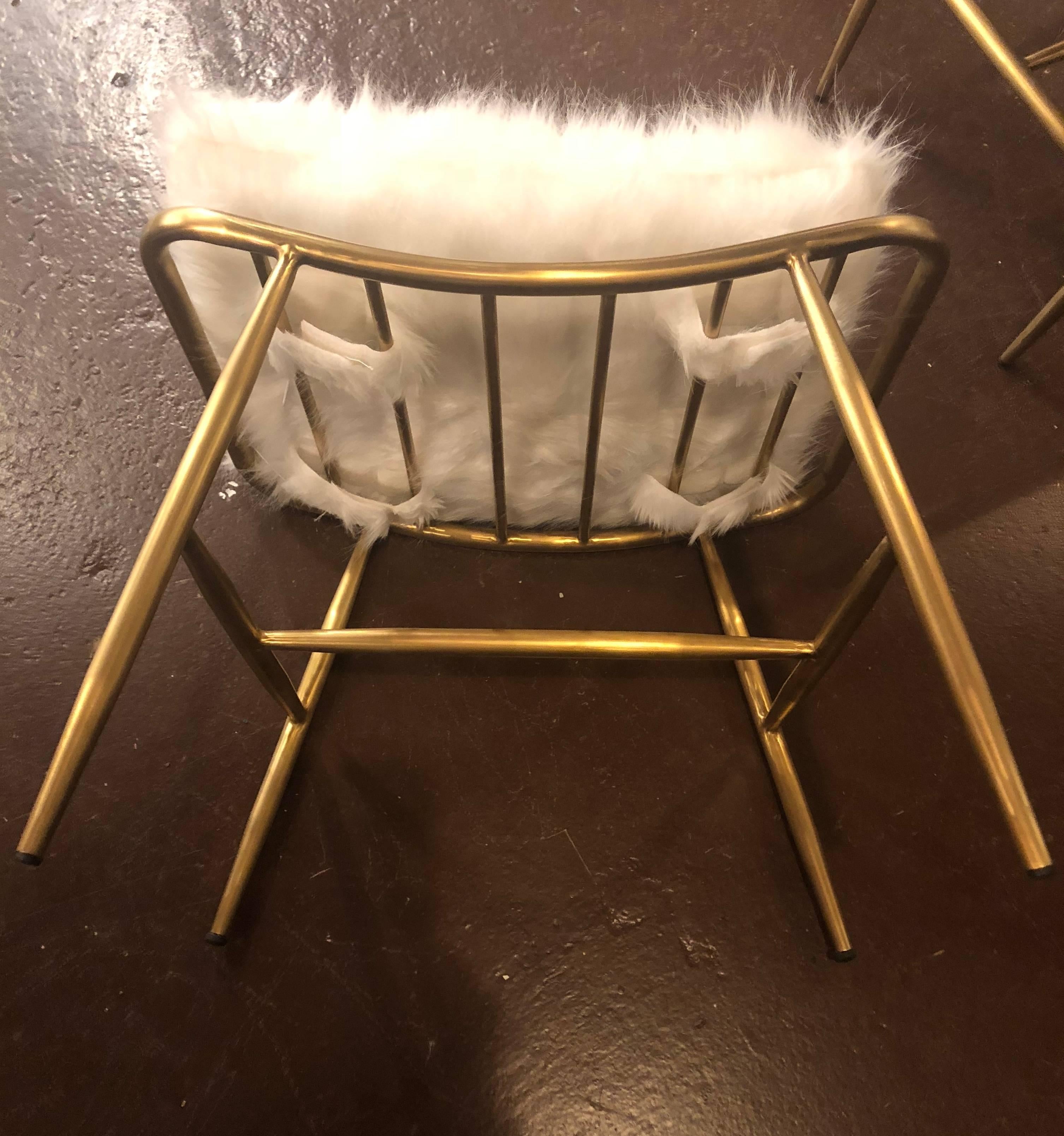 Hollywood Regency Style, Lounge Chairs, Ottomans, White, Shearling, Metal, 1990s For Sale 1
