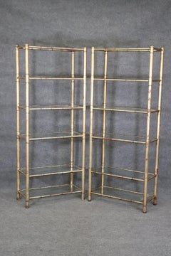 Pair of Hollywood Regency Style Gilded Metal Faux Bamboo Etageres Bookcases