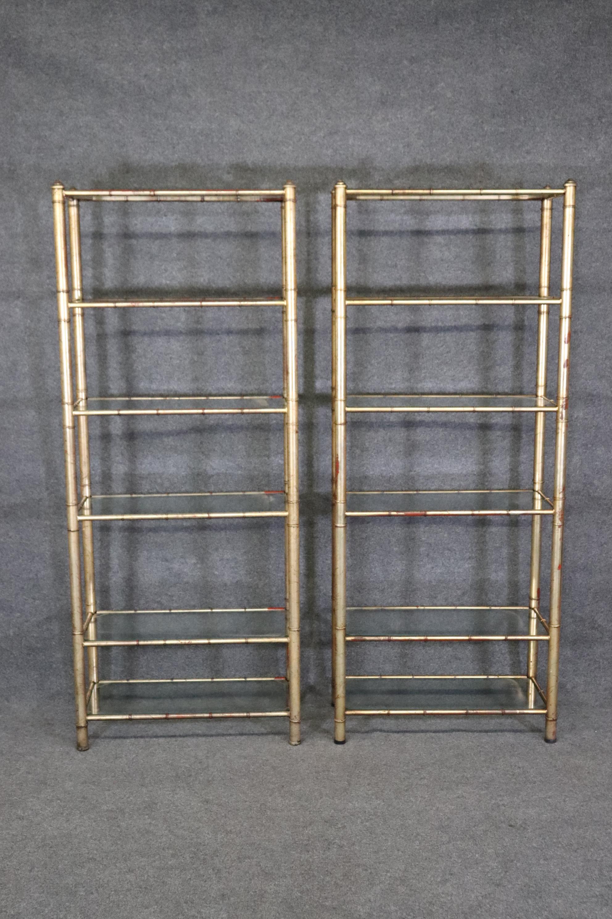 European Pair of Hollywood Regency Style Gilded Metal Faux Bamboo Etageres Bookcases