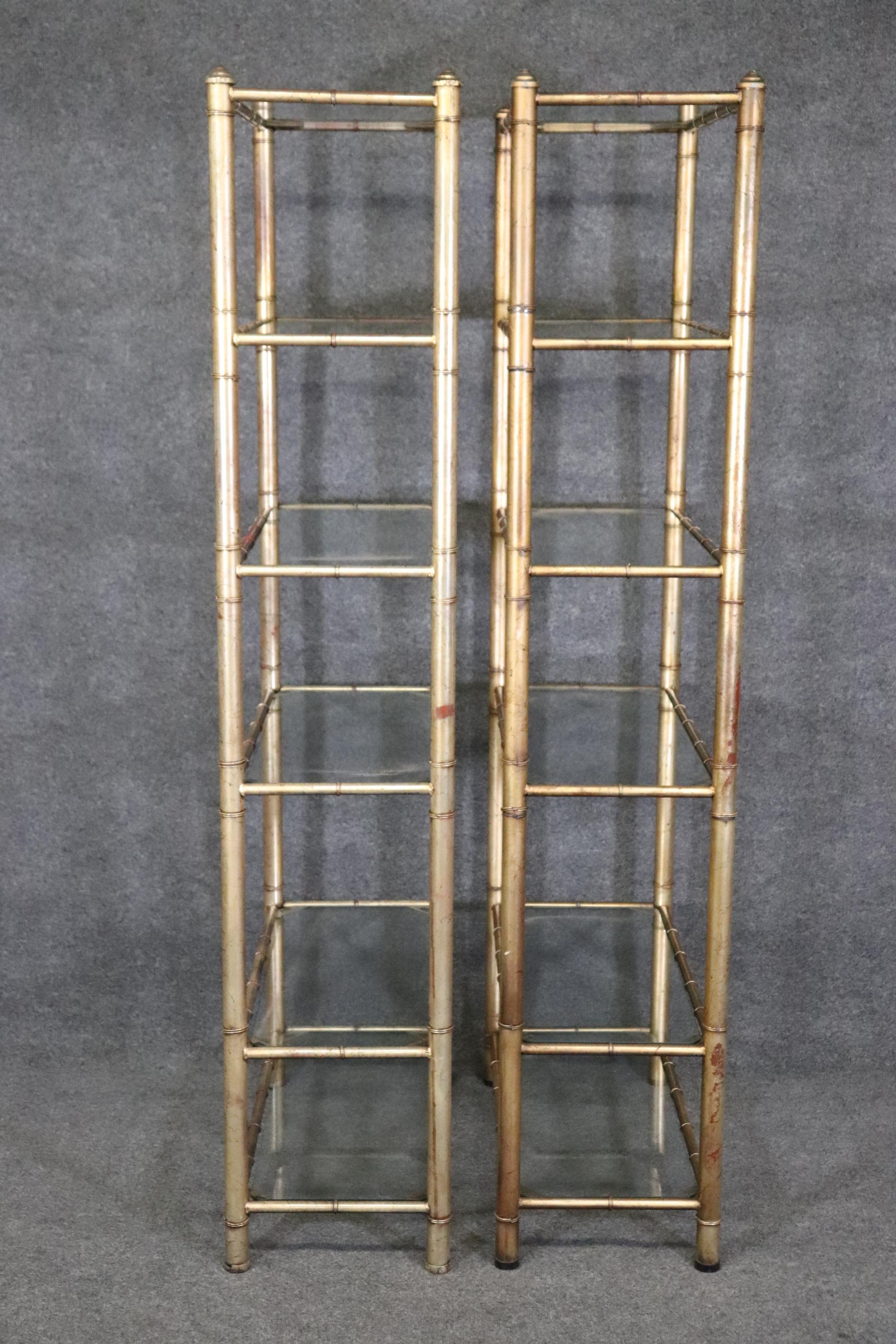 Pair of Hollywood Regency Style Gilded Metal Faux Bamboo Etageres Bookcases In Good Condition In Swedesboro, NJ