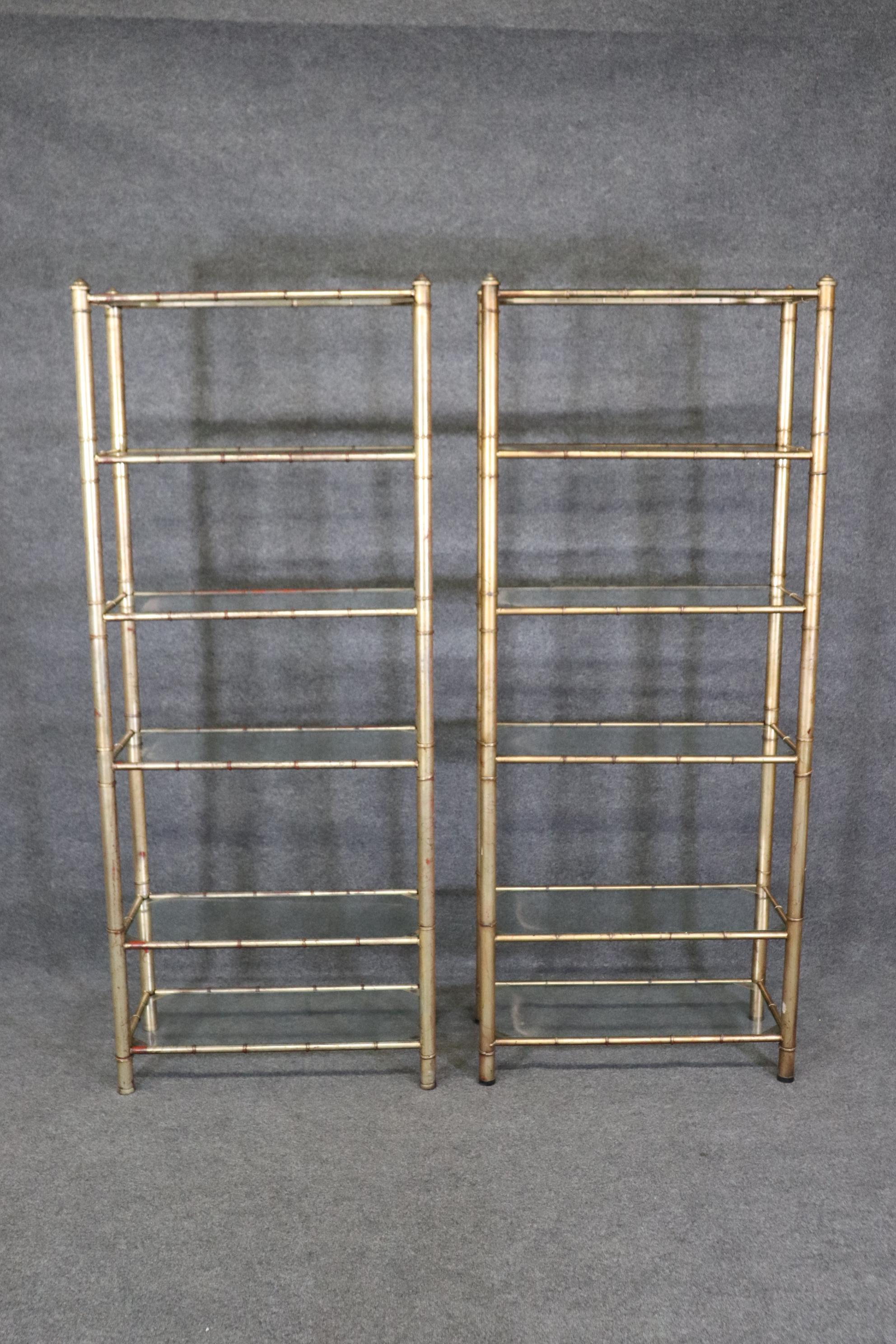 Mid-20th Century Pair of Hollywood Regency Style Gilded Metal Faux Bamboo Etageres Bookcases