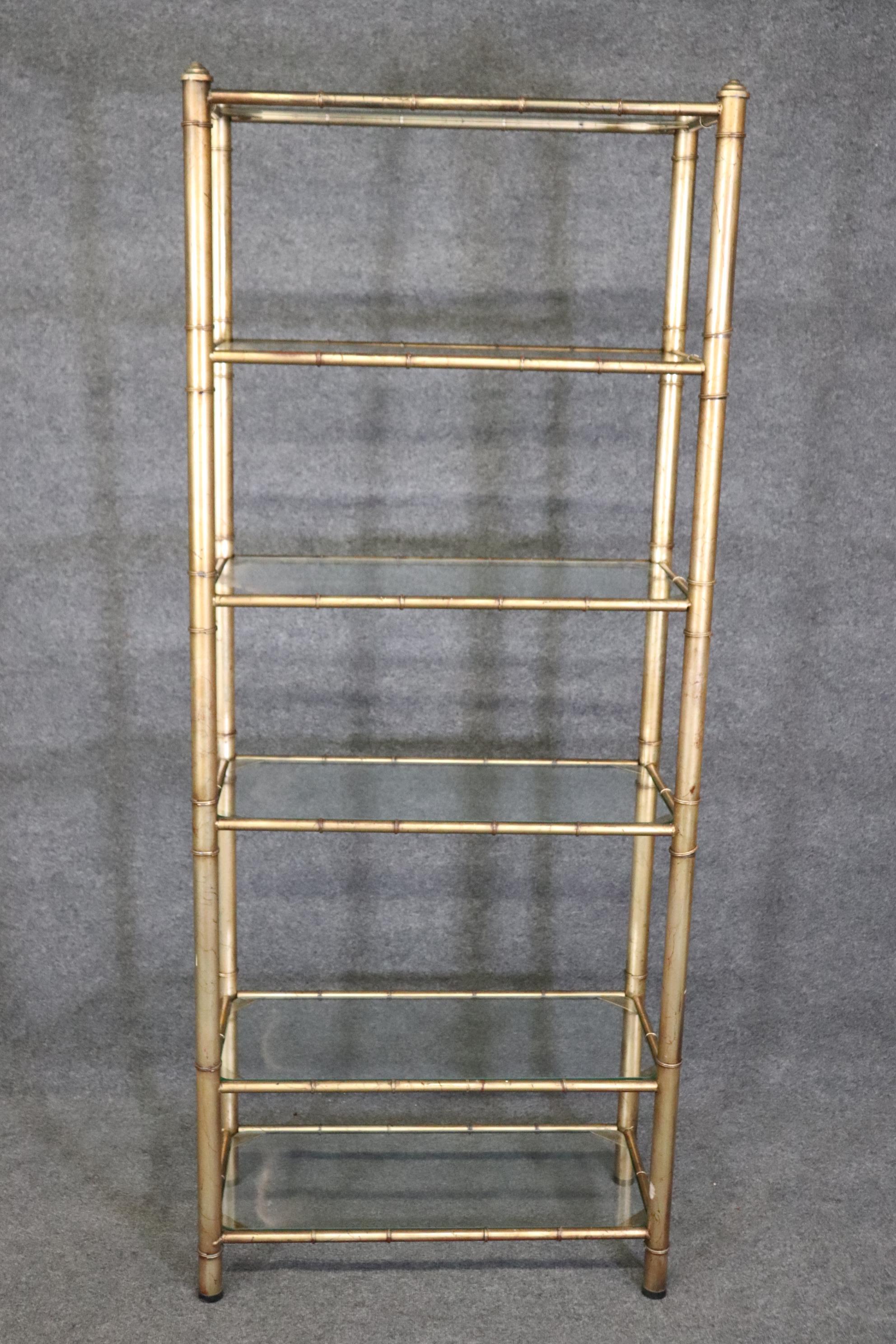 Pair of Hollywood Regency Style Gilded Metal Faux Bamboo Etageres Bookcases 1