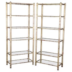 Pair of Hollywood Regency Style Gilded Metal Faux Bamboo Etageres Bookcases