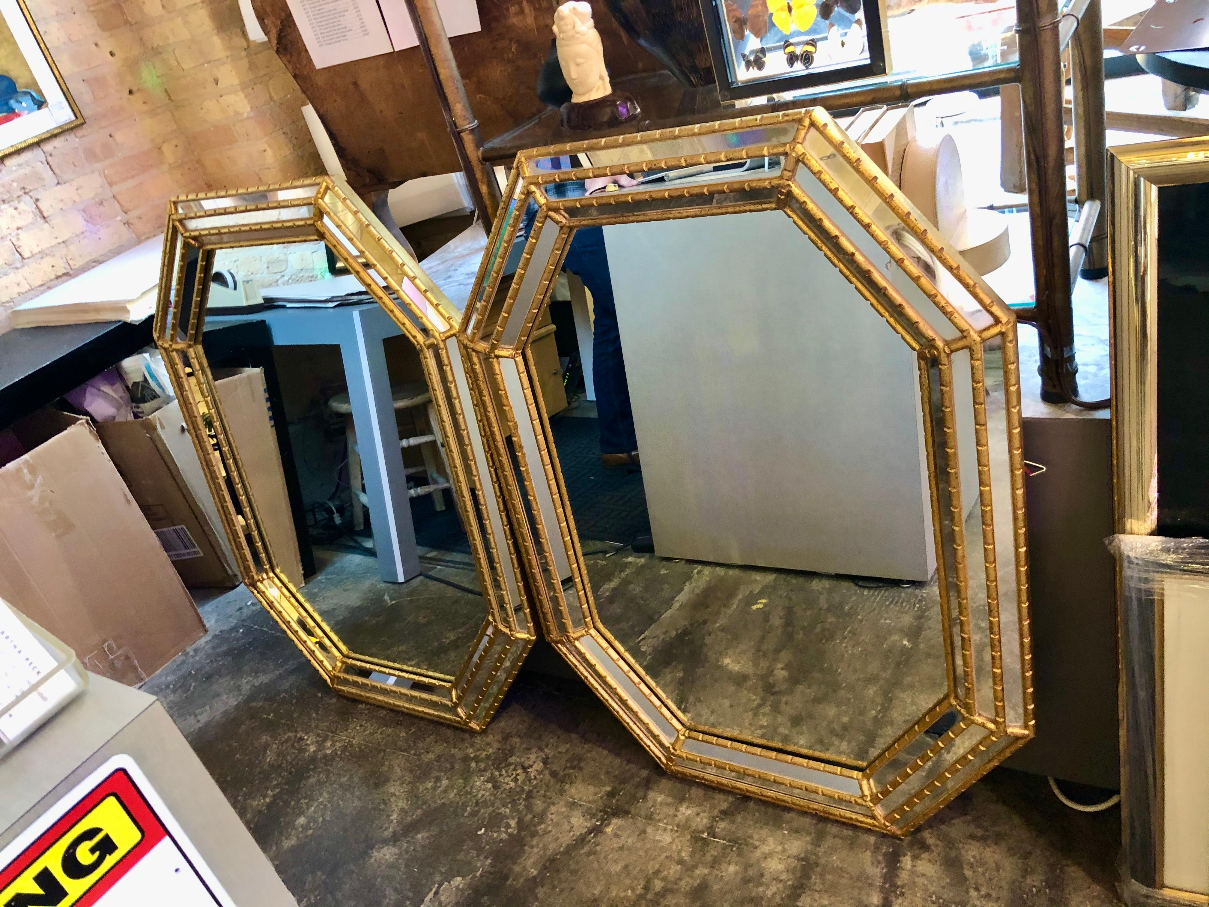American Pair of Hollywood Regency Style Gilt Faux Bamboo Octagonal Mirrors by La Barge
