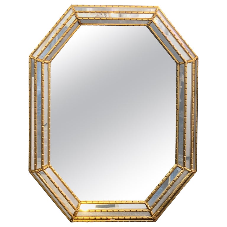 Pair of Hollywood Regency Style Gilt Faux Bamboo Octagonal Mirrors by