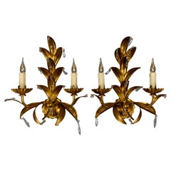 Pair of Hollywood Regency Style Gilt Metal and Crystal Glass Sconces, 1970s