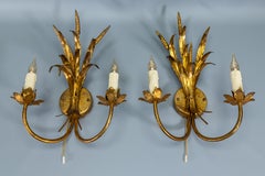 Pair of Hollywood Regency Style Gilt Metal Double-Arm Wheat Sconces, 1970s