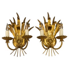 Pair of Hollywood Regency Style Gilt Metal Wheat Sheaf Wall Sconces, 1970s