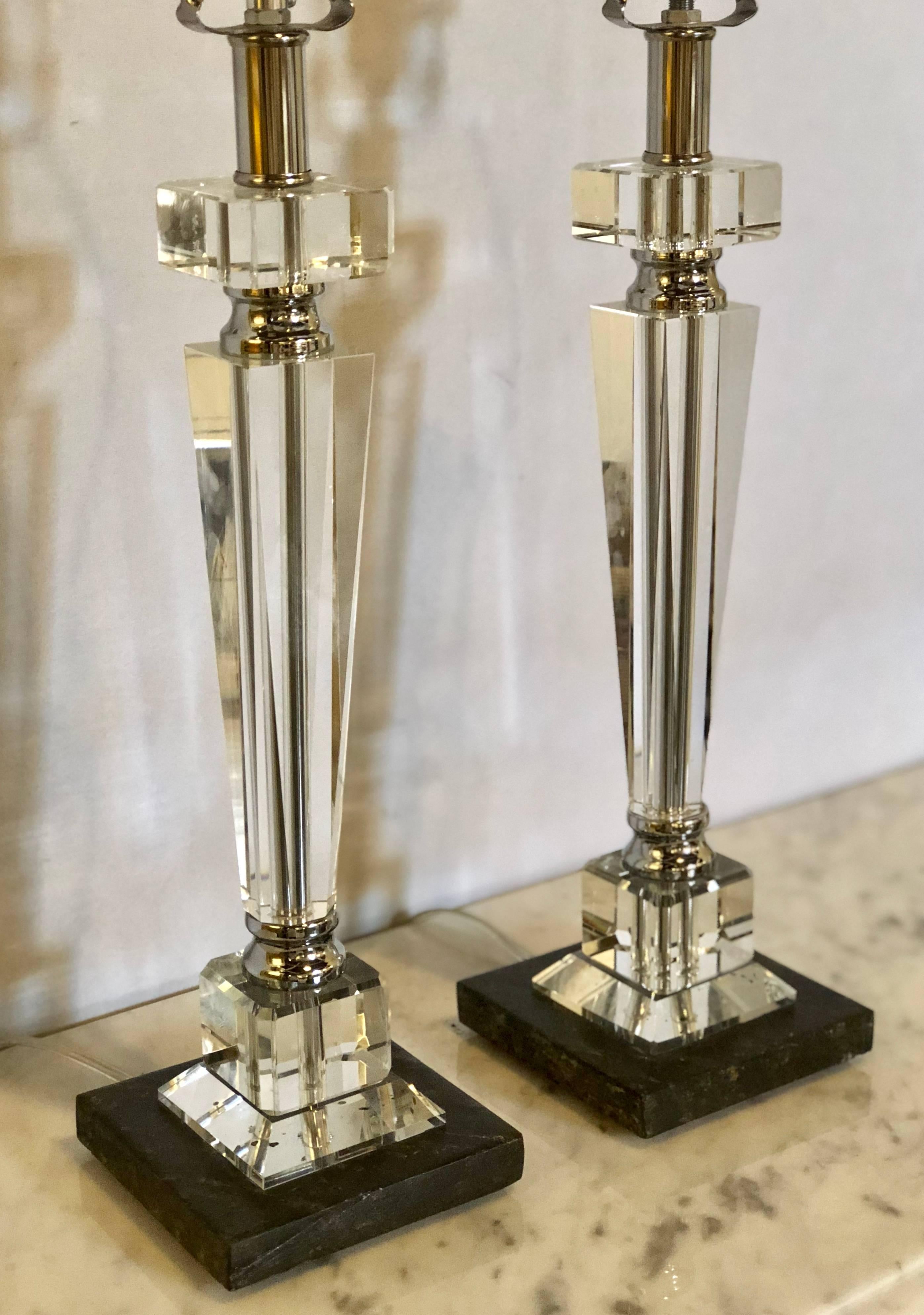 Pair of Hollywood Regency Style Glass and Chrome Table Lamps In Good Condition In Stamford, CT