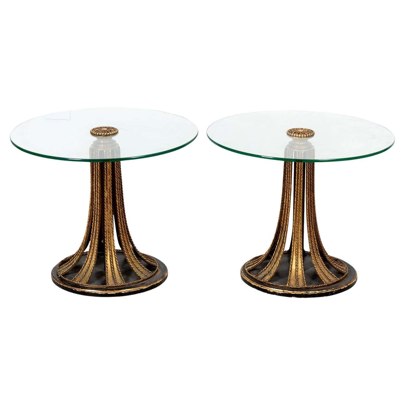 Glass Table Classic Pair of Hollywood Regency Style Glass Top Side Tables For Sale at 1stDibs