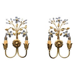 Pair of Hollywood Regency Style Italian Gilt Metal and Glass Flower Sconces